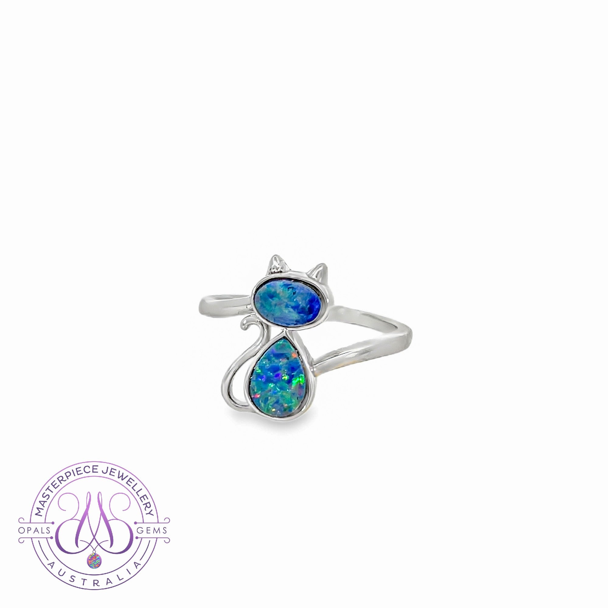 Sterling Silver Opal doublet cat design ring