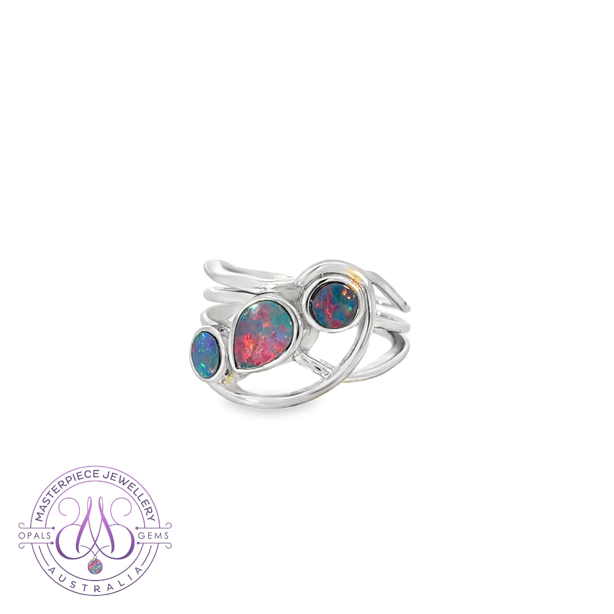 Sterling Silver wave band with 3 freeform opal doublets