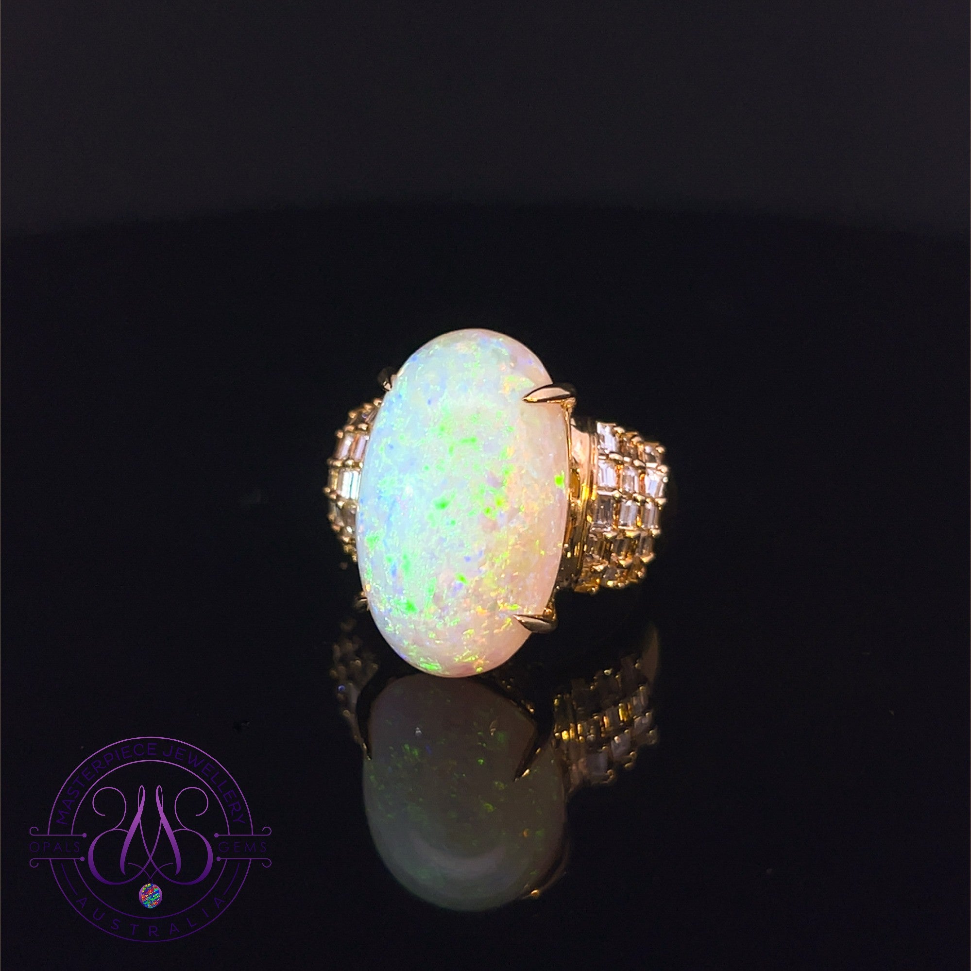 18kt Yellow Gold broad White Opal 12.15ct and diamond ring