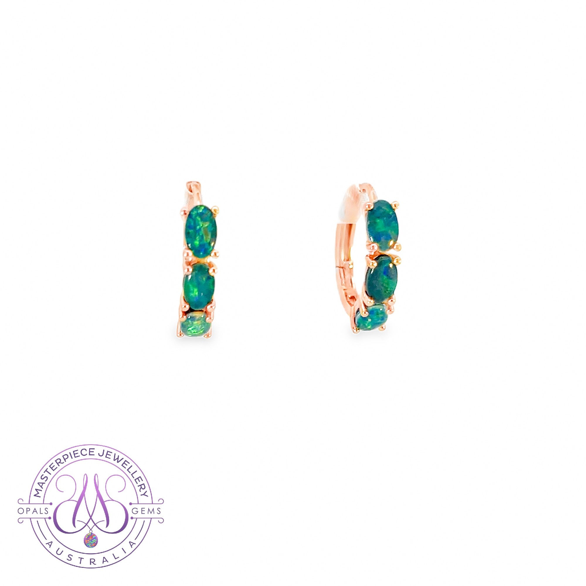 Rose Gold plated silver huggie opal triplet 5x3mm earrings