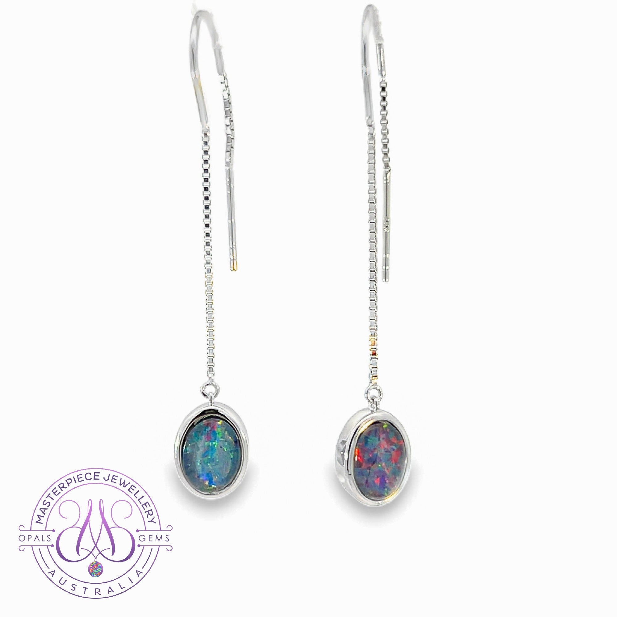 Silver thread through drop style Opal triplet 8x6mm earrings