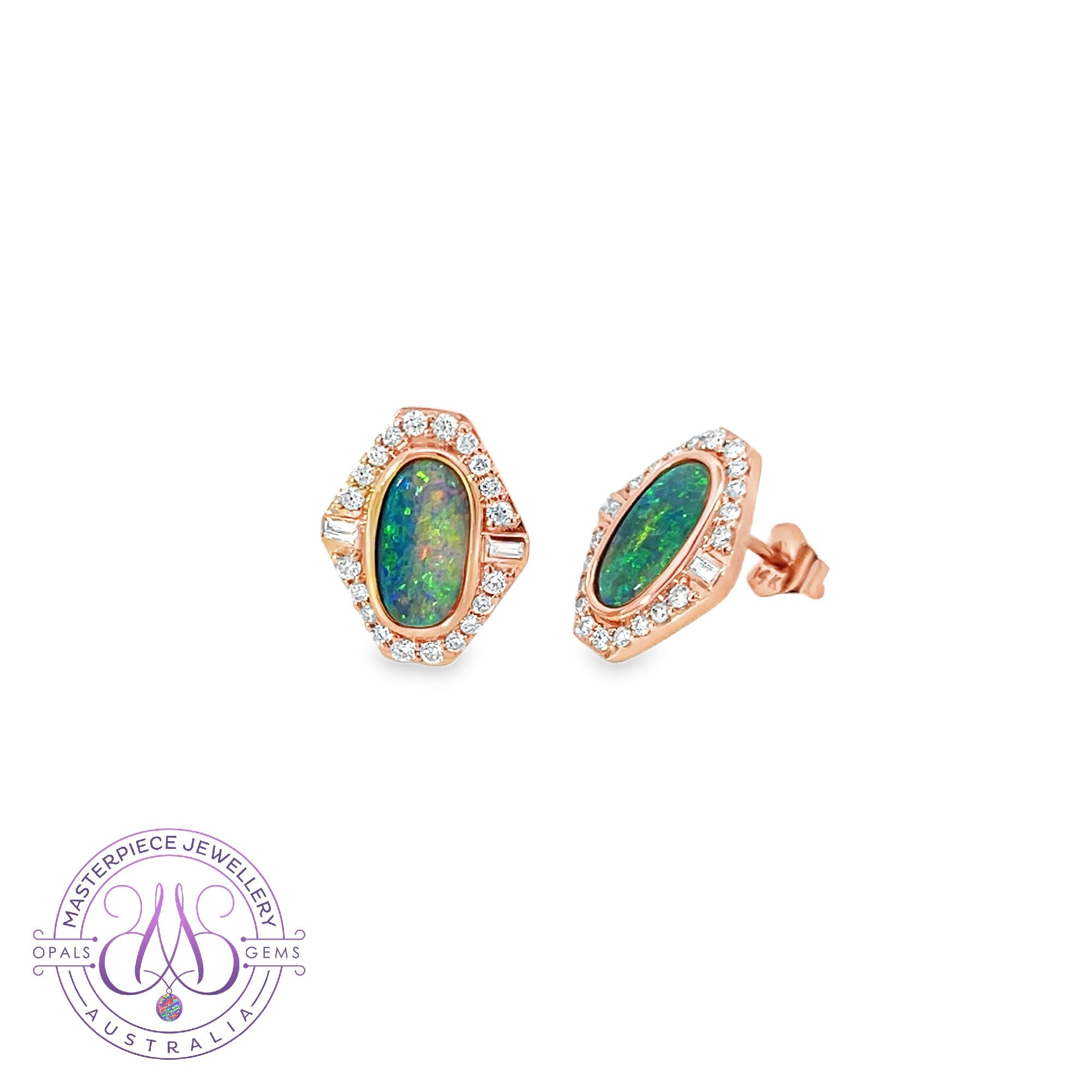 14kt Rose Gold Black Opal 0.95ct and diamond cluster studs