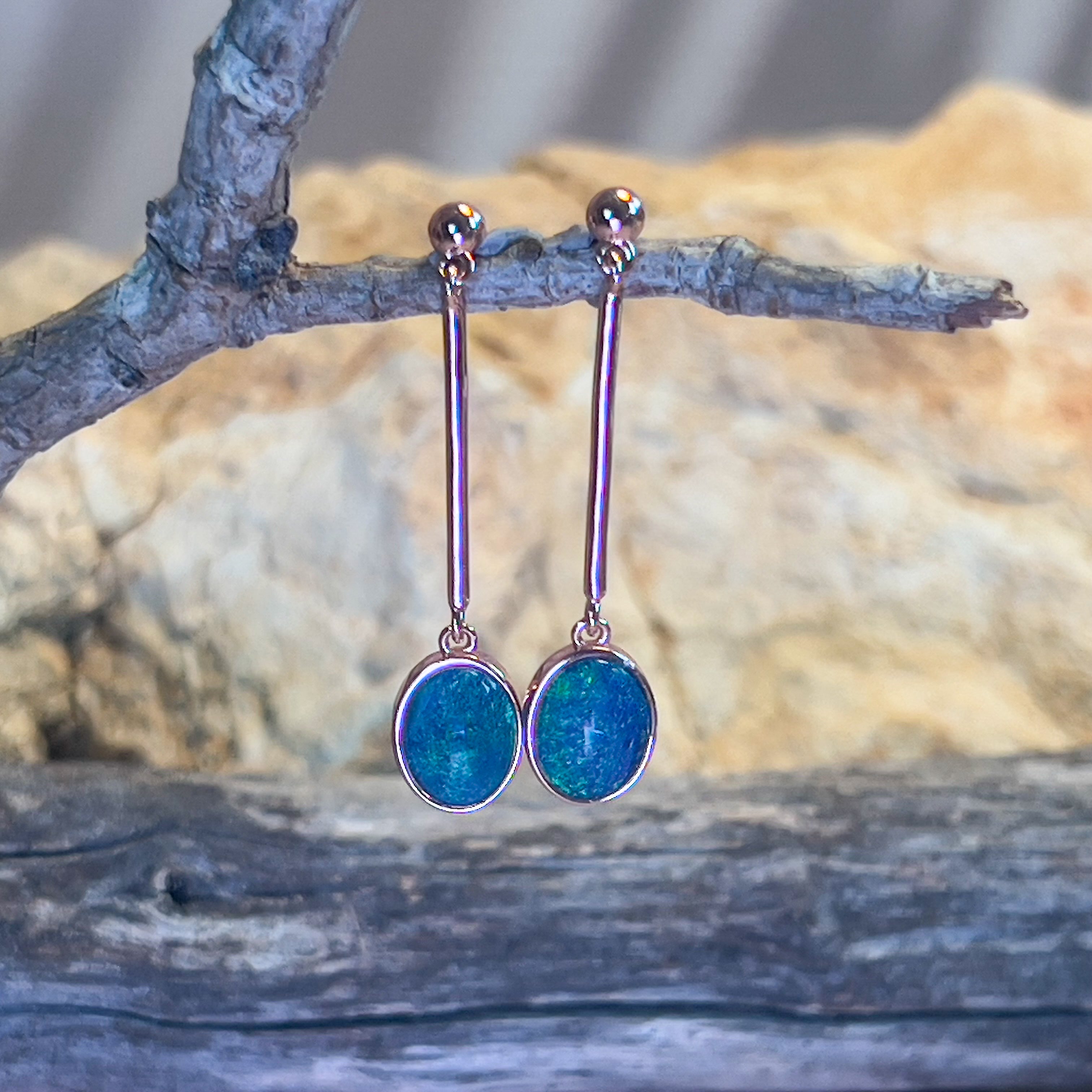 Rose Gold Plated 9x7mm Opal triplet dangling bezel set earrings - Masterpiece Jewellery Opal & Gems Sydney Australia | Online Shop