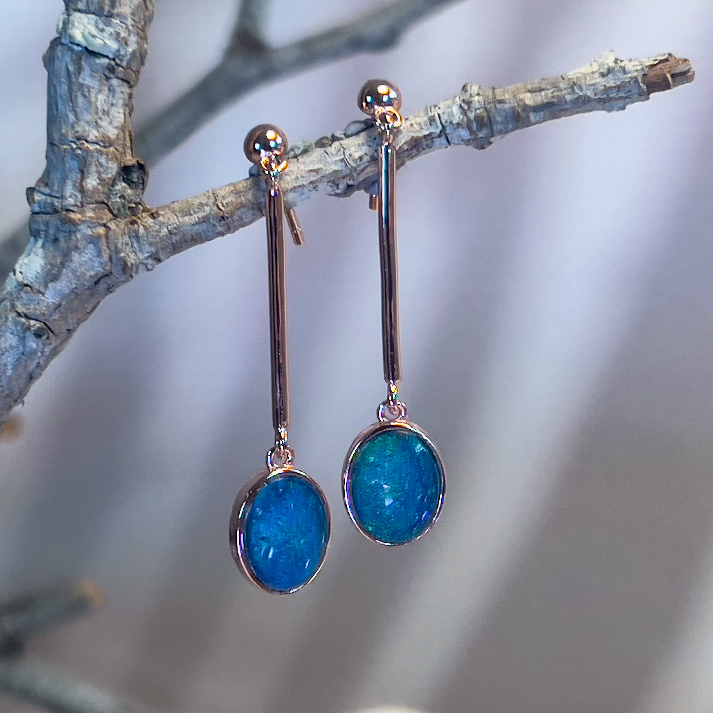 Rose Gold Plated 9x7mm Opal triplet dangling bezel set earrings - Masterpiece Jewellery Opal & Gems Sydney Australia | Online Shop