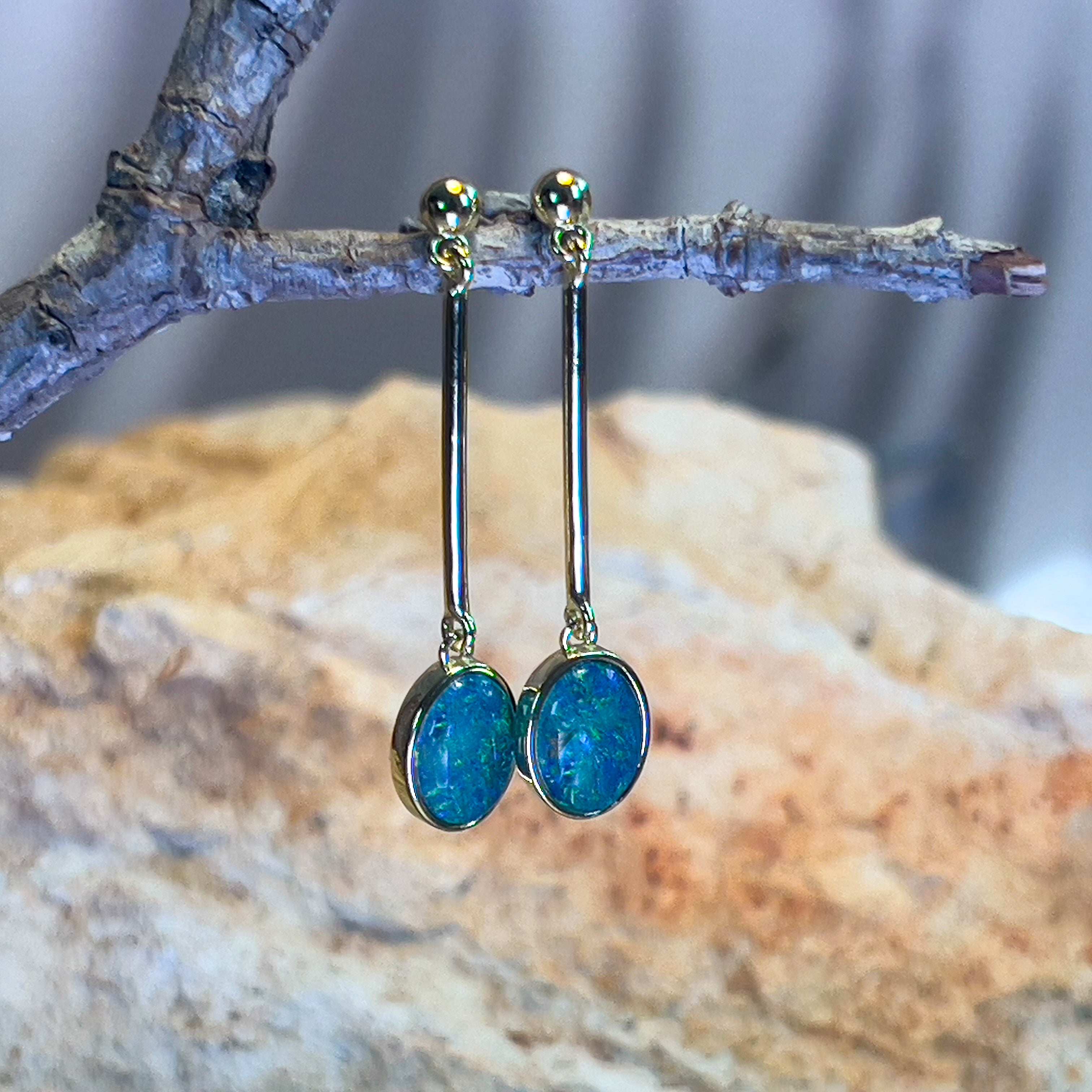 Gold Plated Sterling Silver Dangle earrings 9x7mm Triplet Opals - Masterpiece Jewellery Opal & Gems Sydney Australia | Online Shop