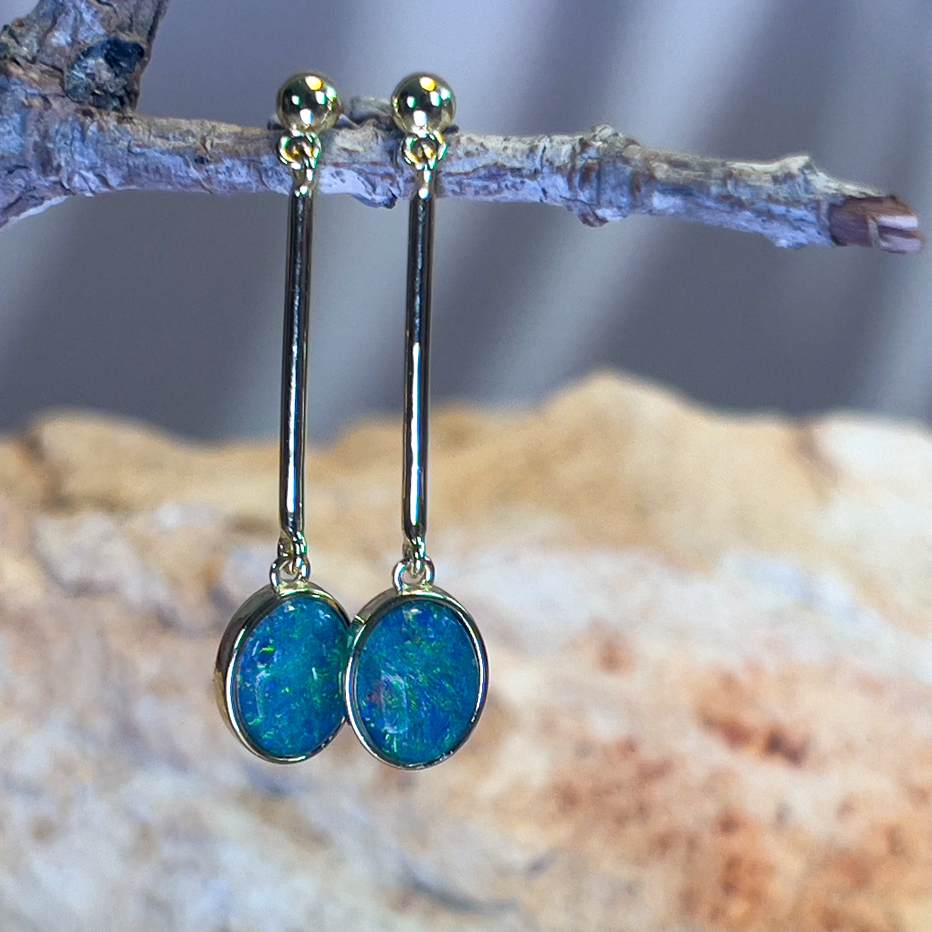 Gold Plated Sterling Silver Dangle earrings 9x7mm Triplet Opals - Masterpiece Jewellery Opal & Gems Sydney Australia | Online Shop