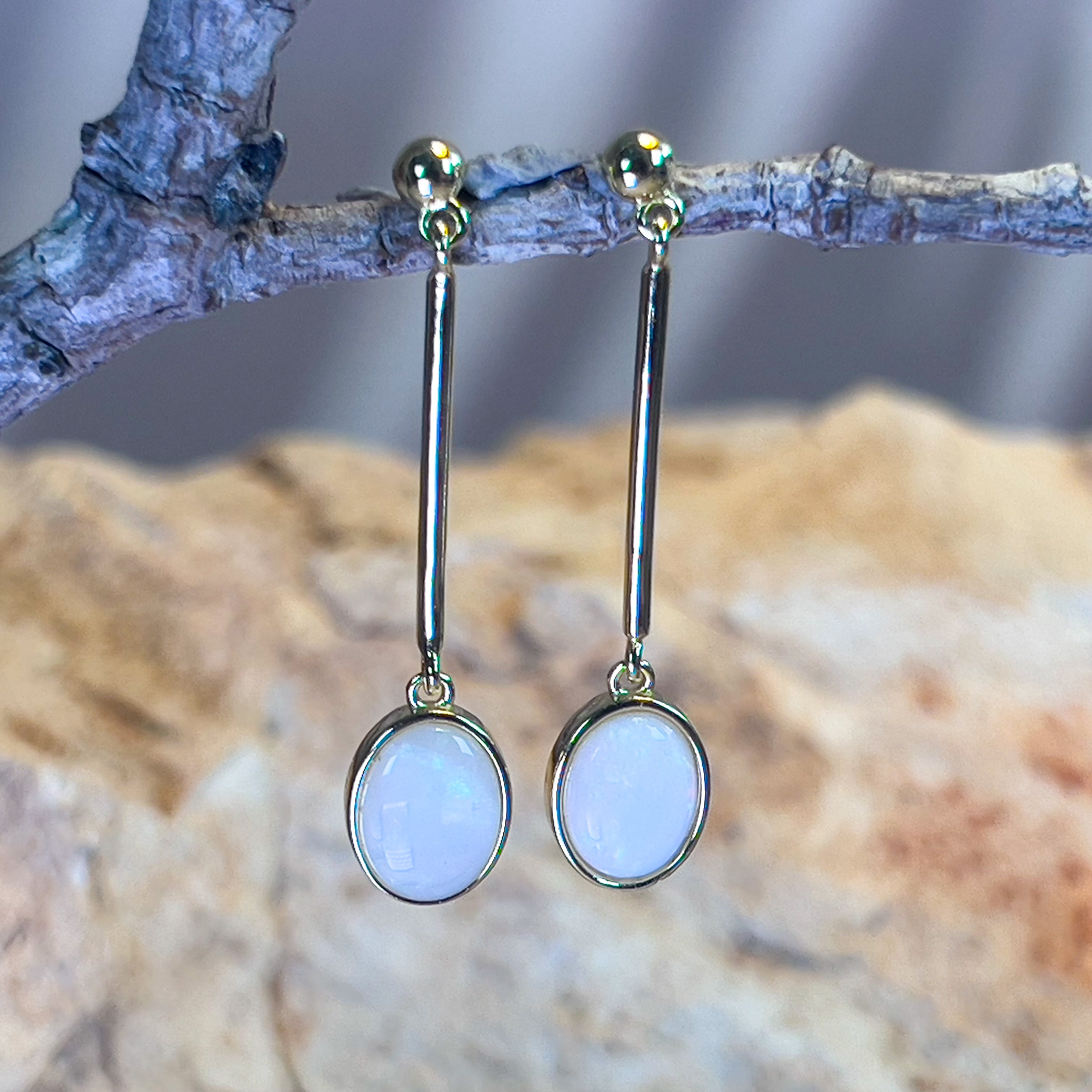 Gold Plated long bar dangling earrings with White Opals 9x7mm - Masterpiece Jewellery Opal & Gems Sydney Australia | Online Shop
