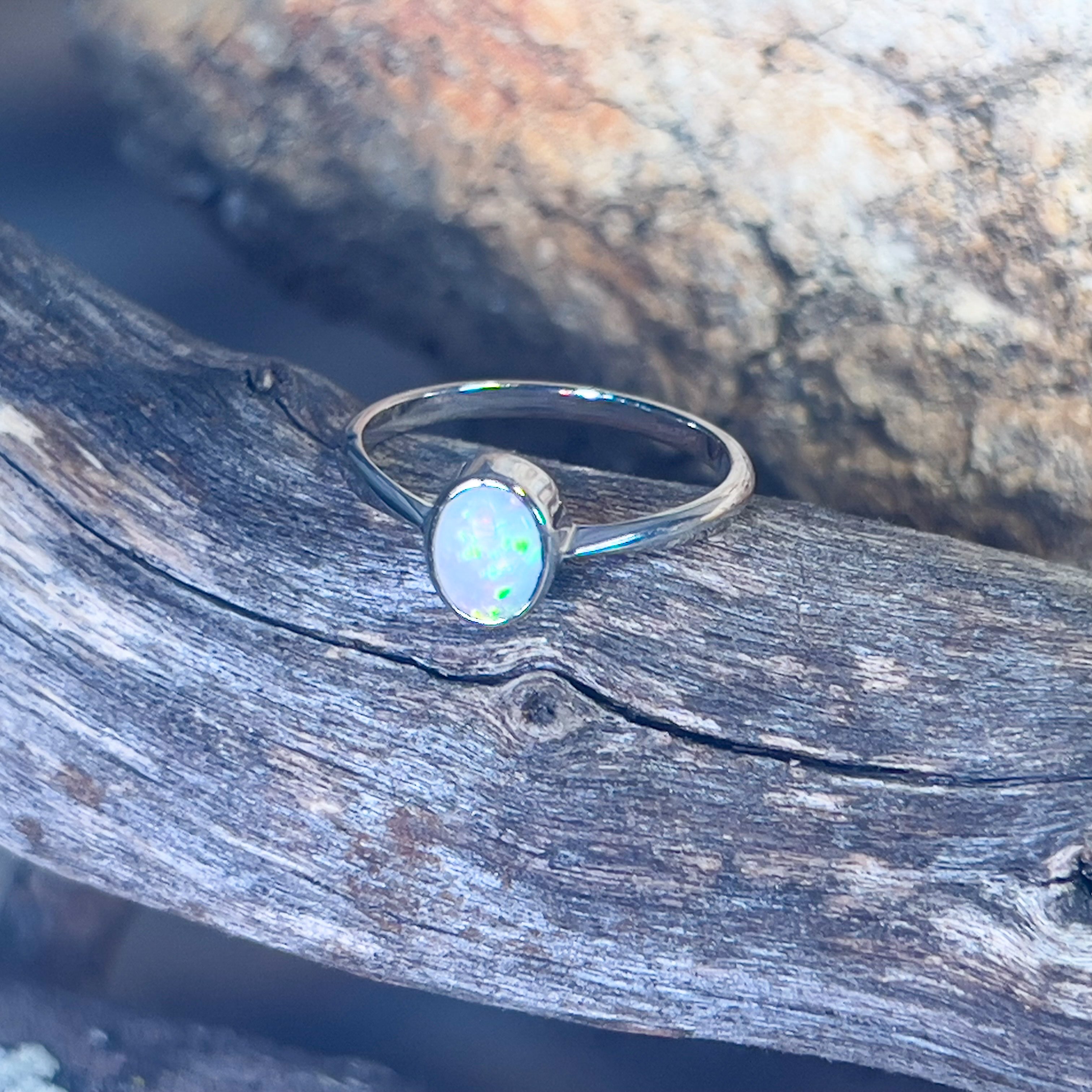 14kt White Gold 0.48ct crystal Opal solitaire bezel set ring - Masterpiece Jewellery Opal & Gems Sydney Australia | Online Shop