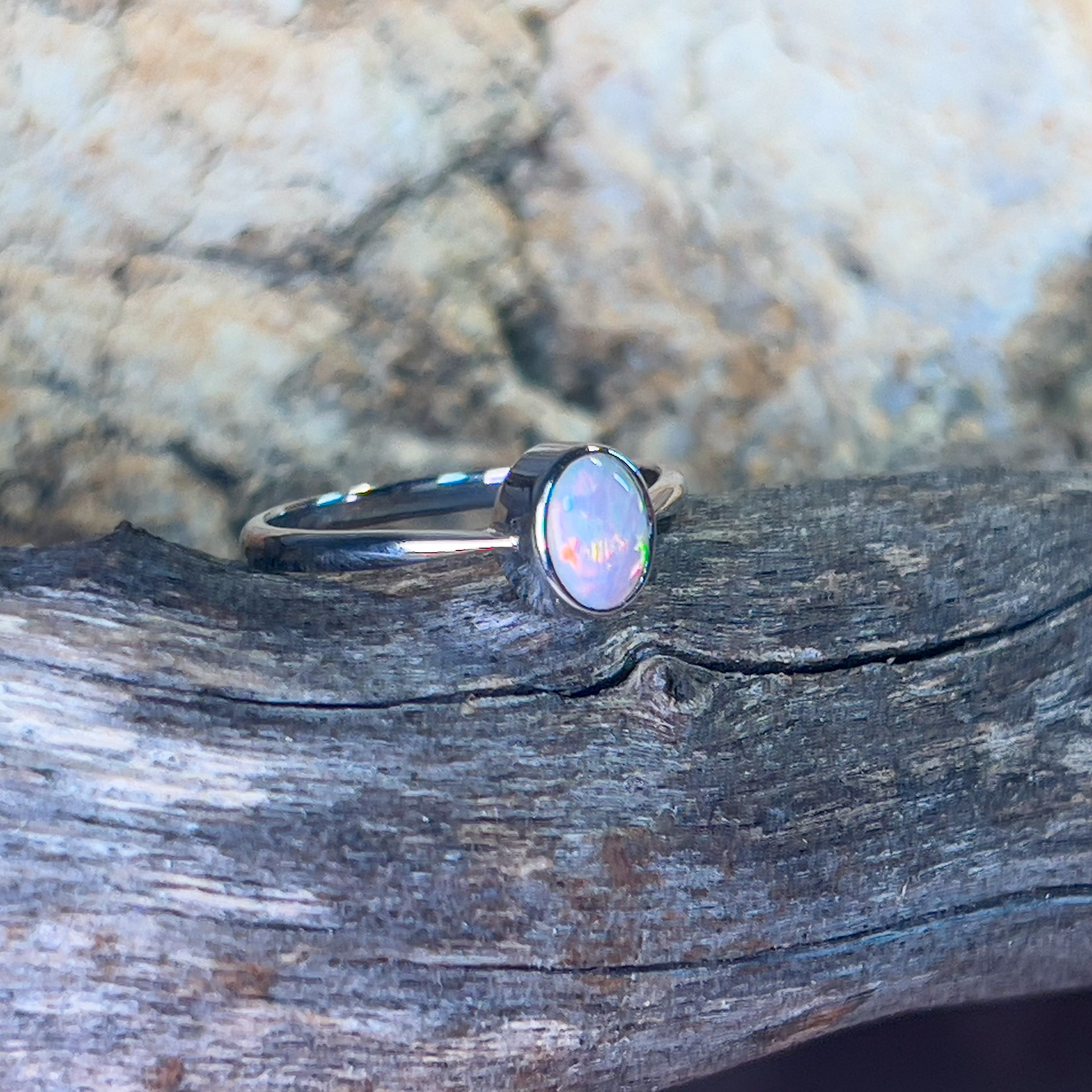 14kt White Gold 0.48ct crystal Opal solitaire bezel set ring - Masterpiece Jewellery Opal & Gems Sydney Australia | Online Shop