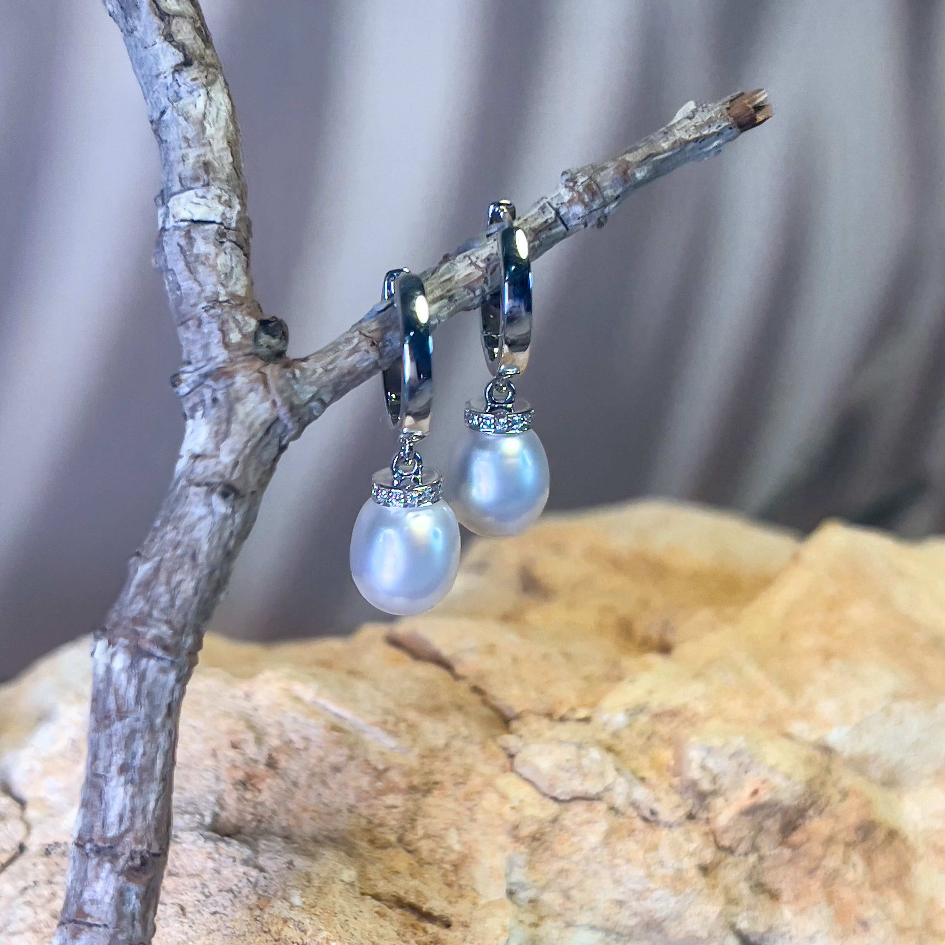 Sterling Silver drop 8mm South Sea Pearl huggie style earrings - Masterpiece Jewellery Opal & Gems Sydney Australia | Online Shop