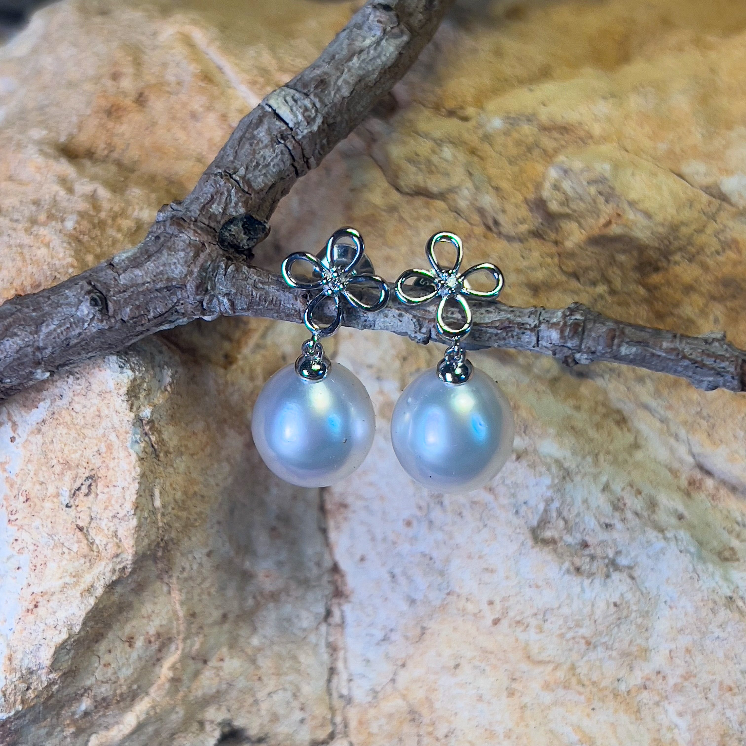 Sterling Silver dangling 10mm South Sea pearls with diamonds earrings - Masterpiece Jewellery Opal & Gems Sydney Australia | Online Shop