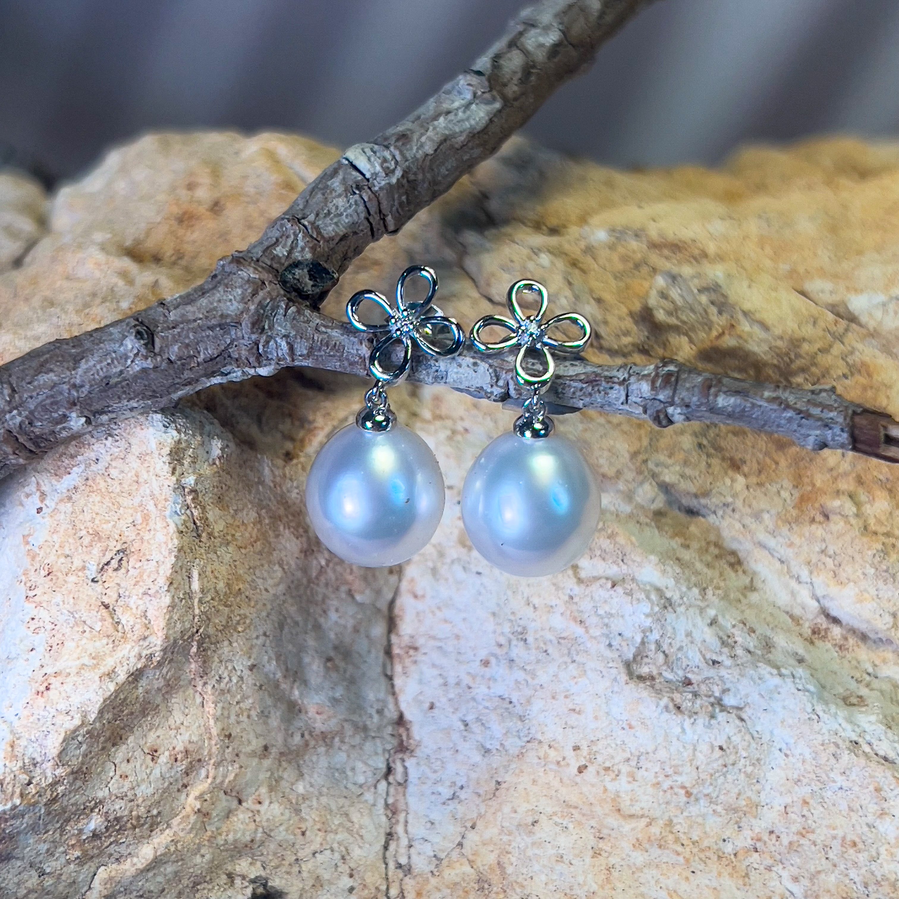 Sterling Silver dangling 10mm South Sea pearls with diamonds earrings - Masterpiece Jewellery Opal & Gems Sydney Australia | Online Shop
