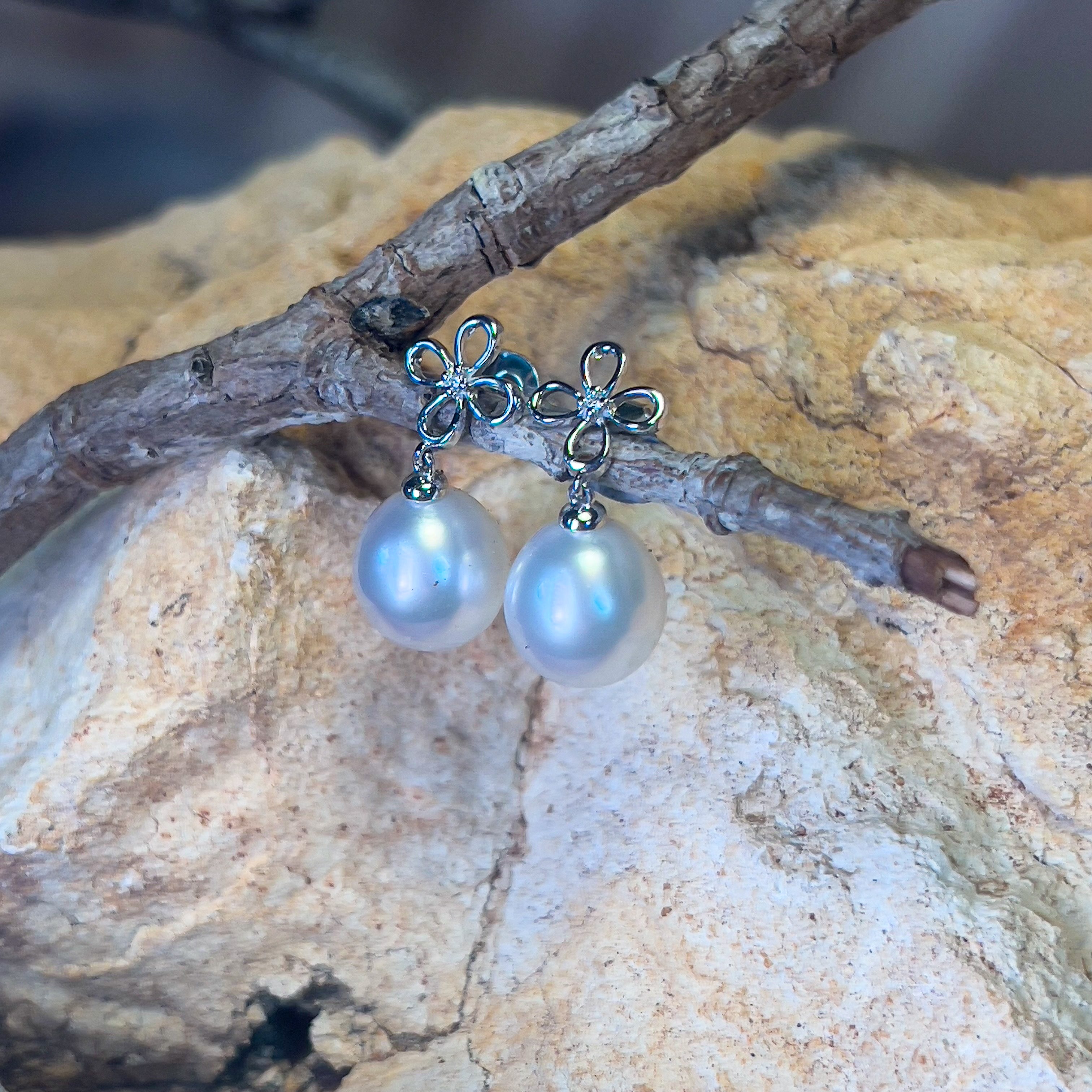 Sterling Silver dangling 10mm South Sea pearls with diamonds earrings - Masterpiece Jewellery Opal & Gems Sydney Australia | Online Shop