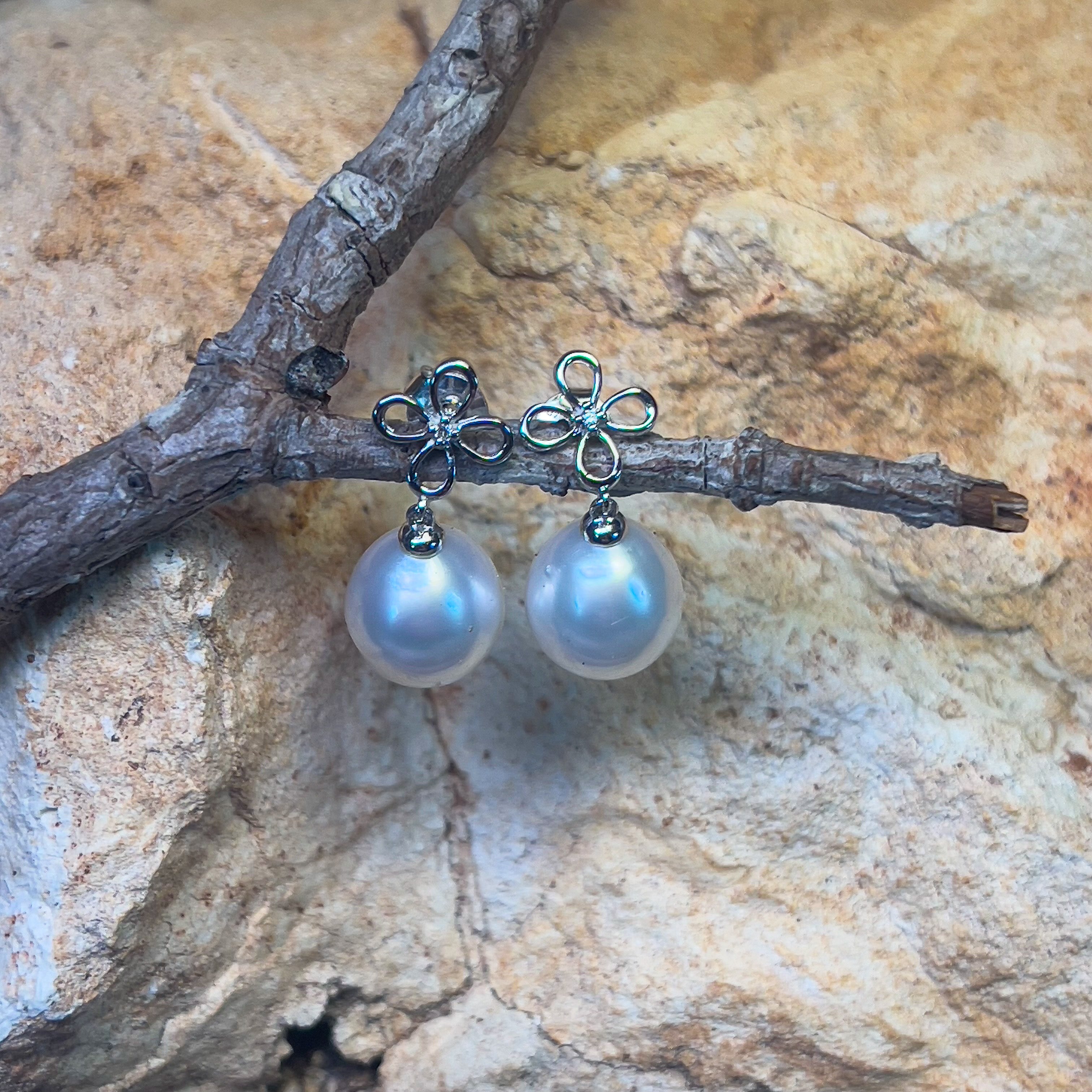 Sterling Silver dangling 10mm South Sea pearls with diamonds earrings - Masterpiece Jewellery Opal & Gems Sydney Australia | Online Shop
