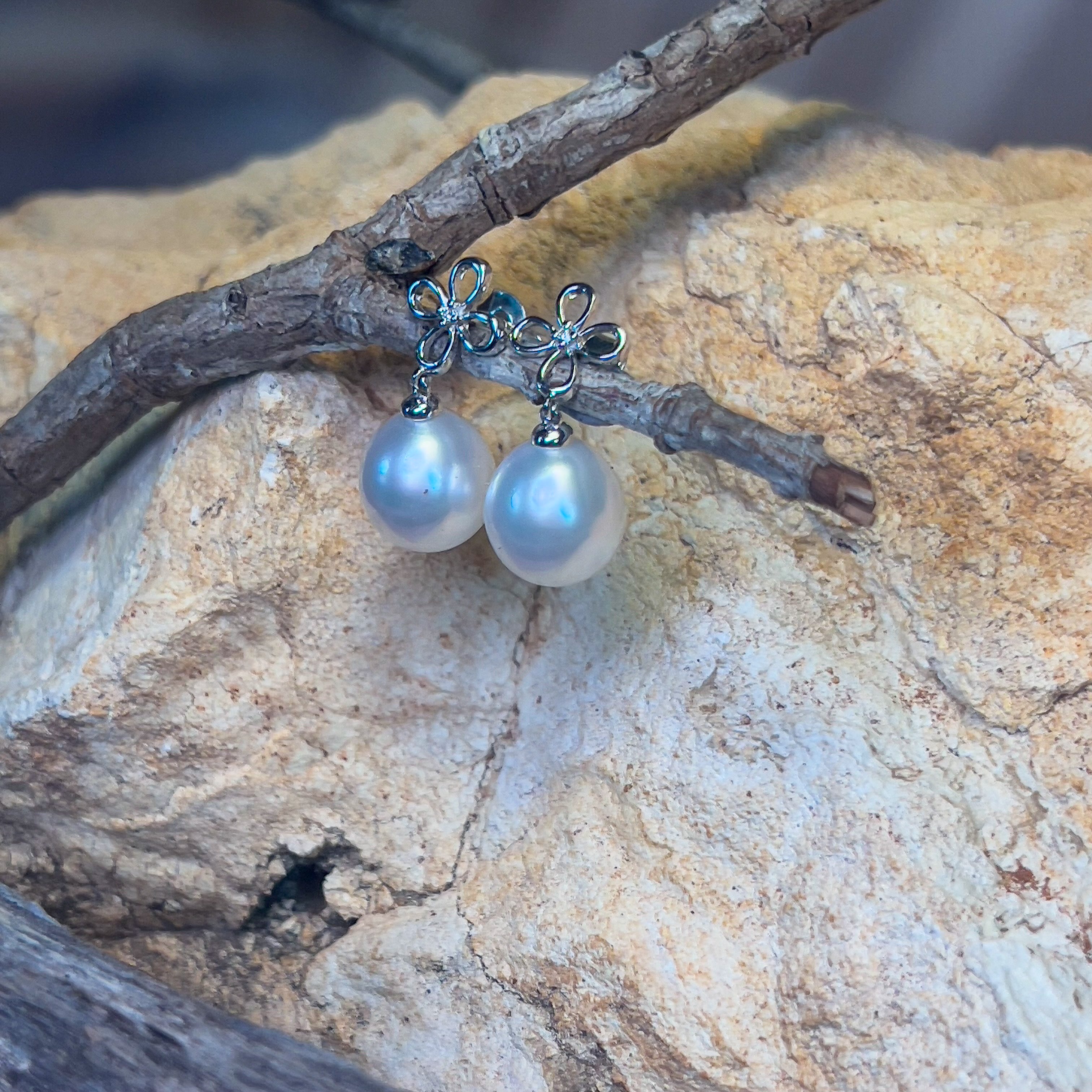 Sterling Silver dangling 10mm South Sea pearls with diamonds earrings - Masterpiece Jewellery Opal & Gems Sydney Australia | Online Shop
