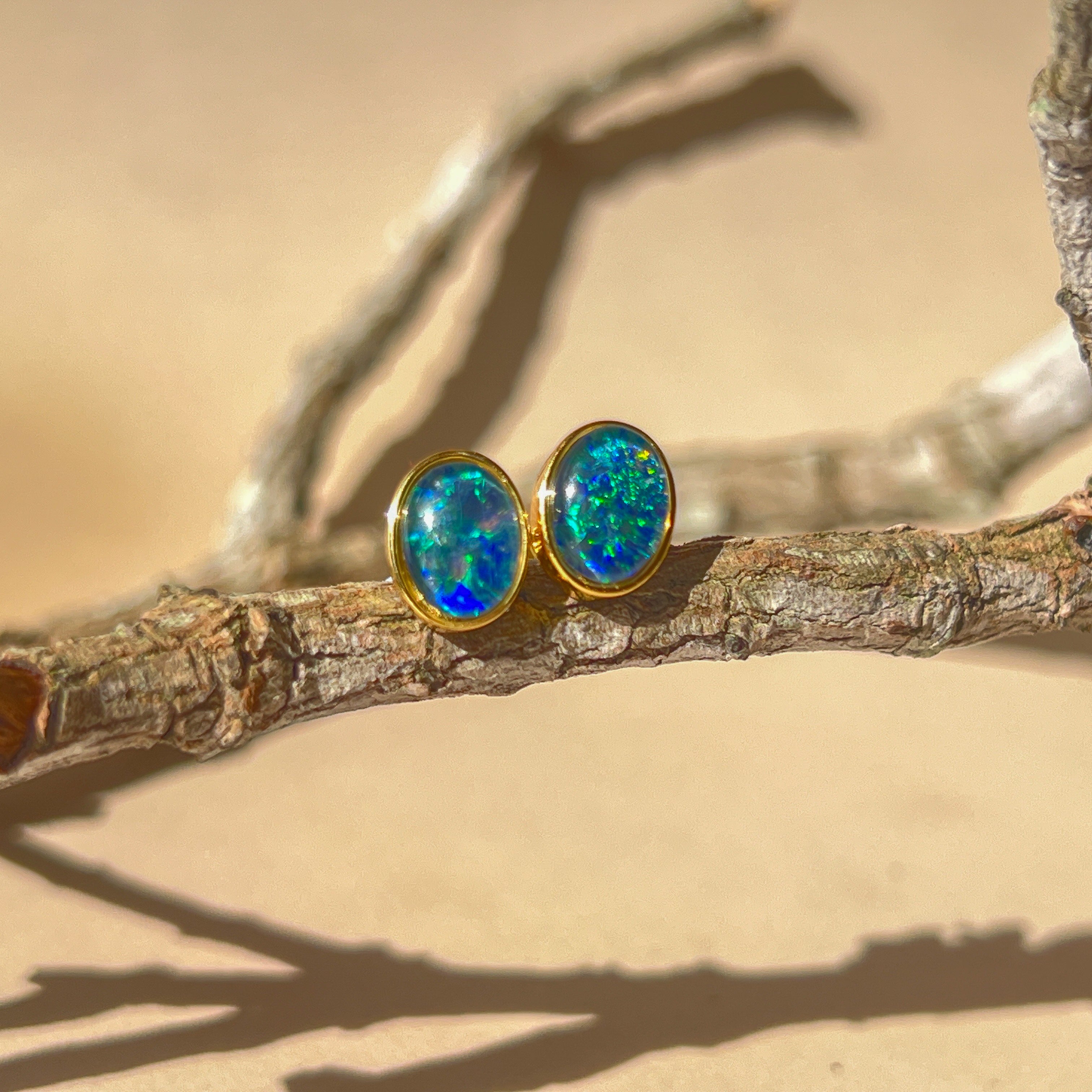 Silver Gold plated 8X6mm Opal Triplet studs - Masterpiece Jewellery Opal & Gems Sydney Australia | Online Shop