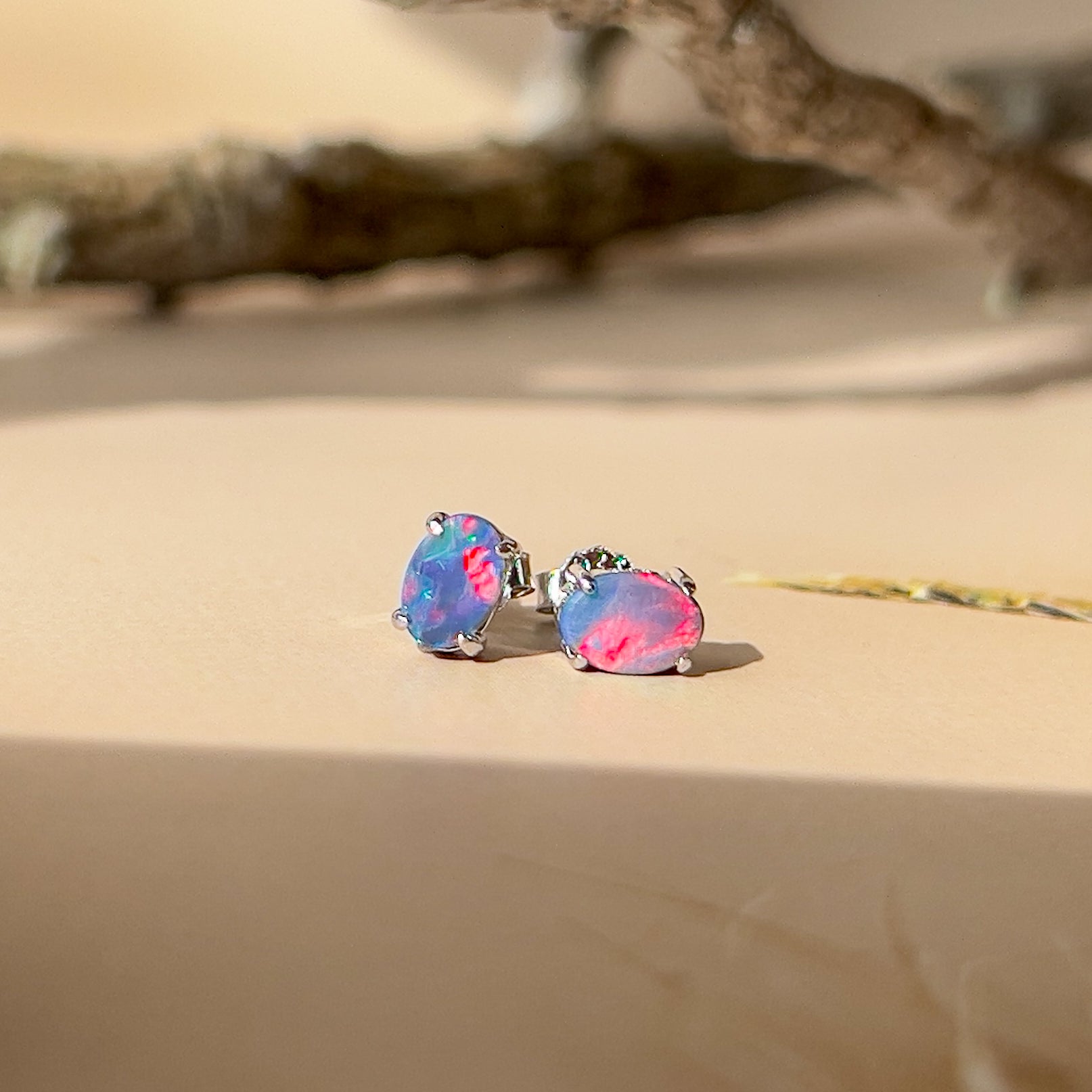 Pair of Sterling Silver doublet 6x4mm Opal earrings studs - Masterpiece Jewellery Opal & Gems Sydney Australia | Online Shop