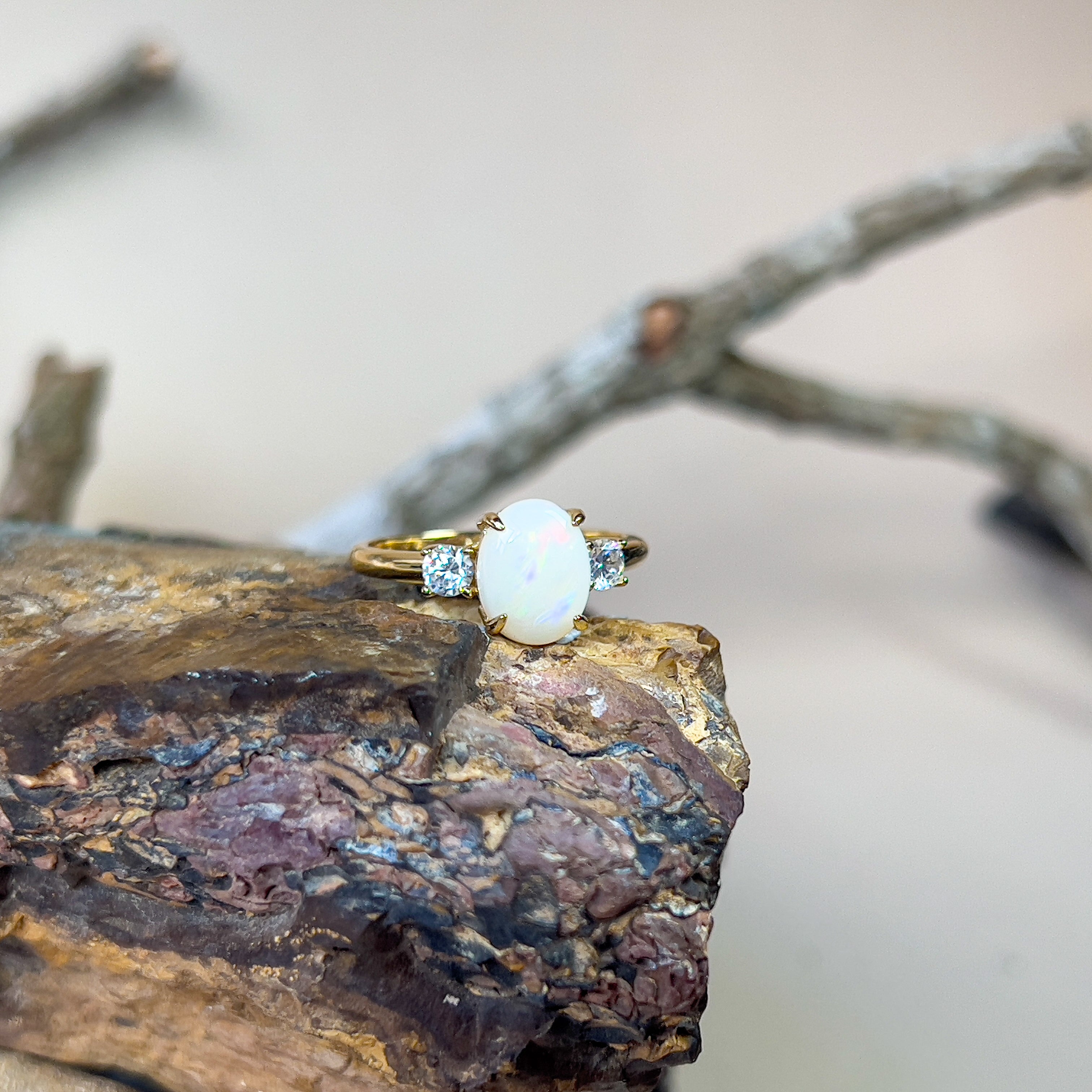 Gold plated Sterling Silver 9x7mm White Opal trilogy 3 stone ring - Masterpiece Jewellery Opal & Gems Sydney Australia | Online Shop