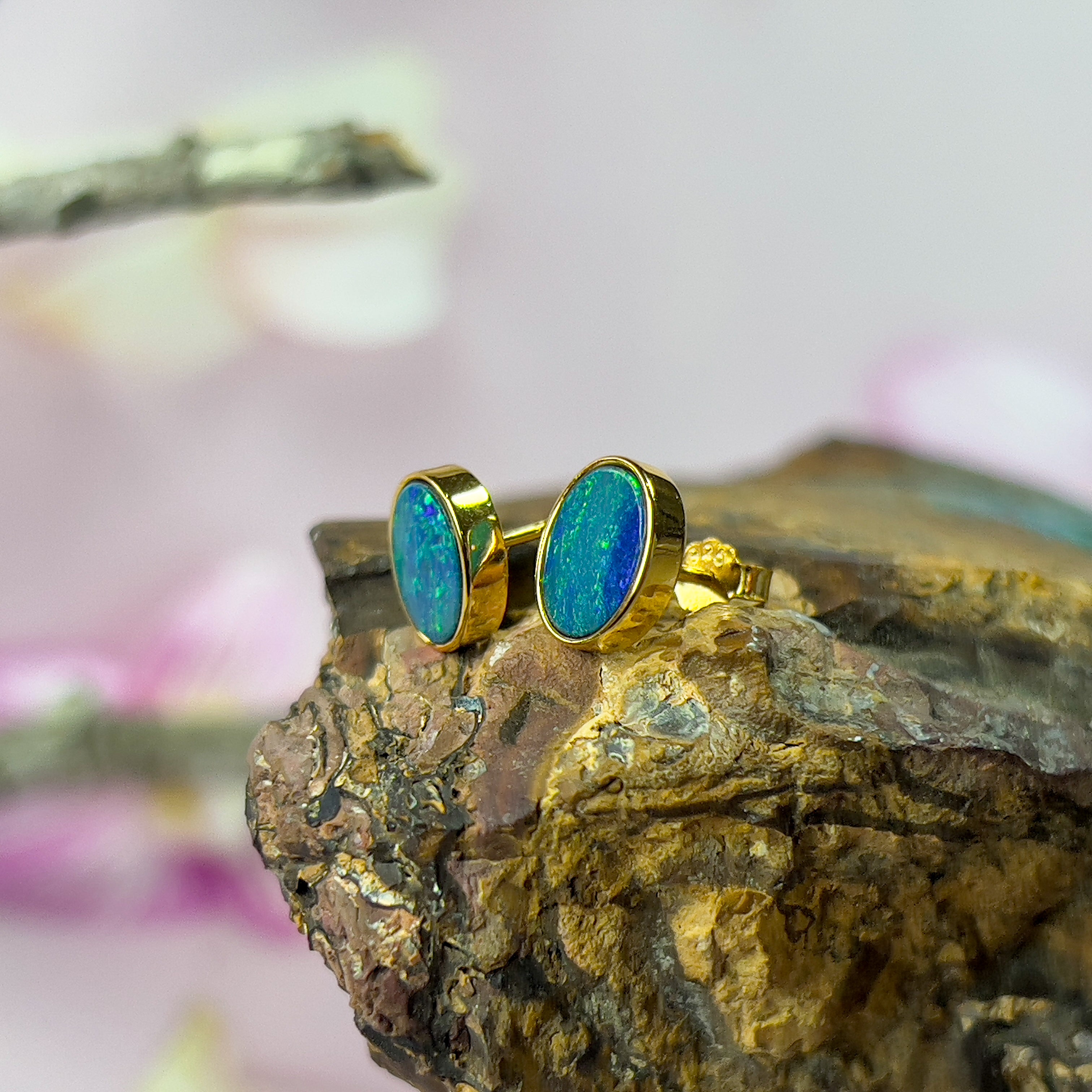 Sterling Silver Gold Plated Opal doublet 8x6mm bezel set style earrings - Masterpiece Jewellery Opal & Gems Sydney Australia | Online Shop