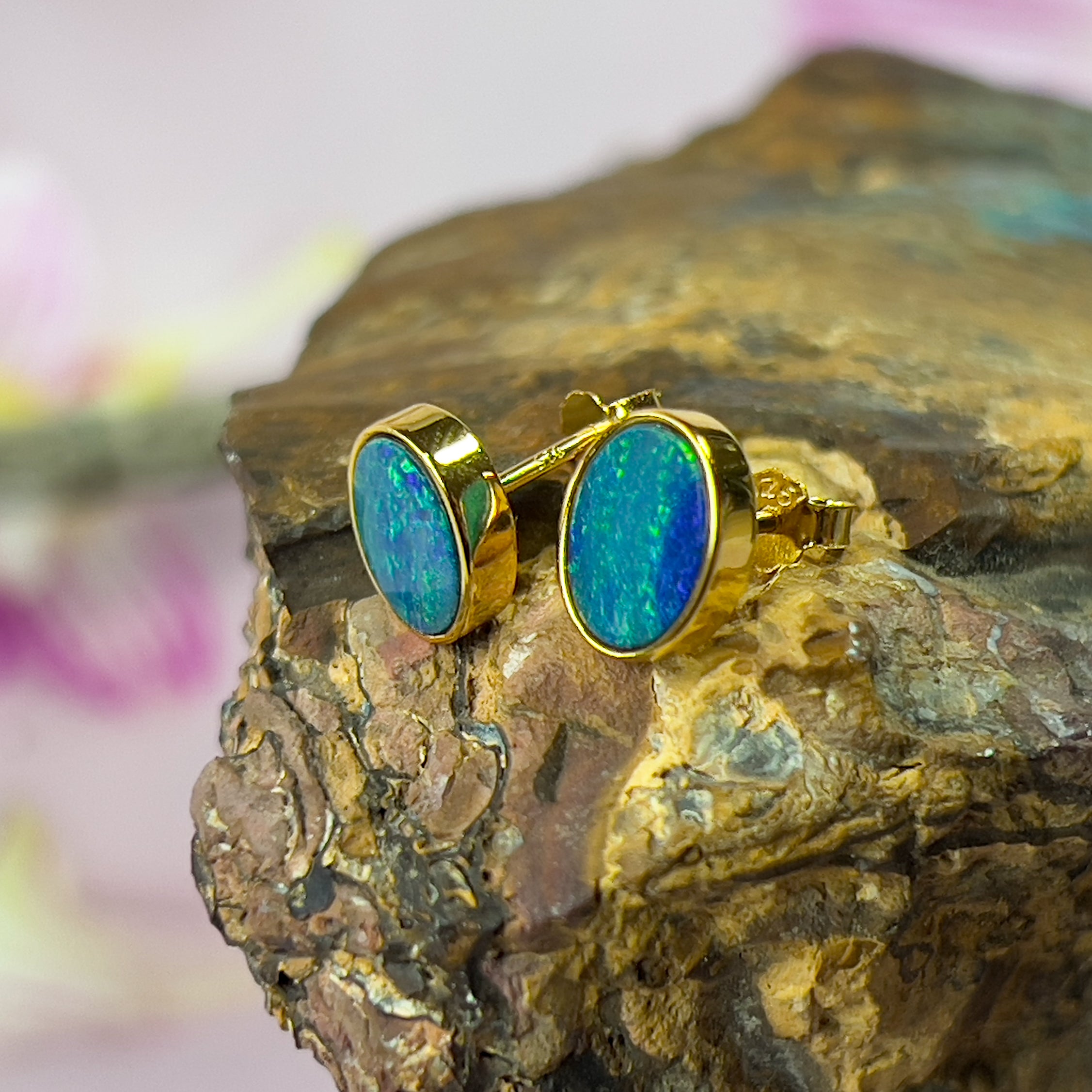 Sterling Silver Gold Plated Opal doublet 8x6mm bezel set style earrings - Masterpiece Jewellery Opal & Gems Sydney Australia | Online Shop