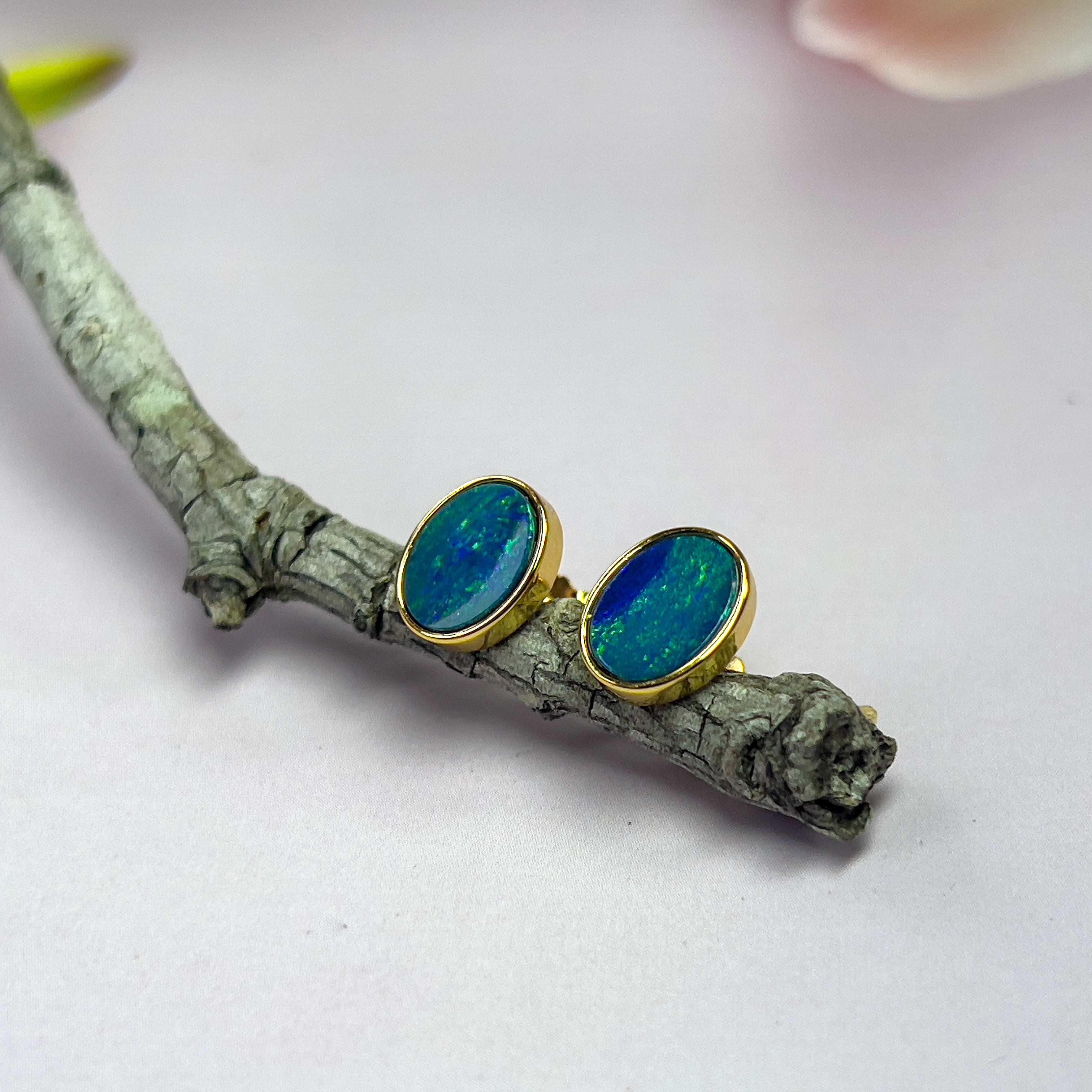 Sterling Silver Gold Plated Opal doublet 8x6mm bezel set style earrings - Masterpiece Jewellery Opal & Gems Sydney Australia | Online Shop