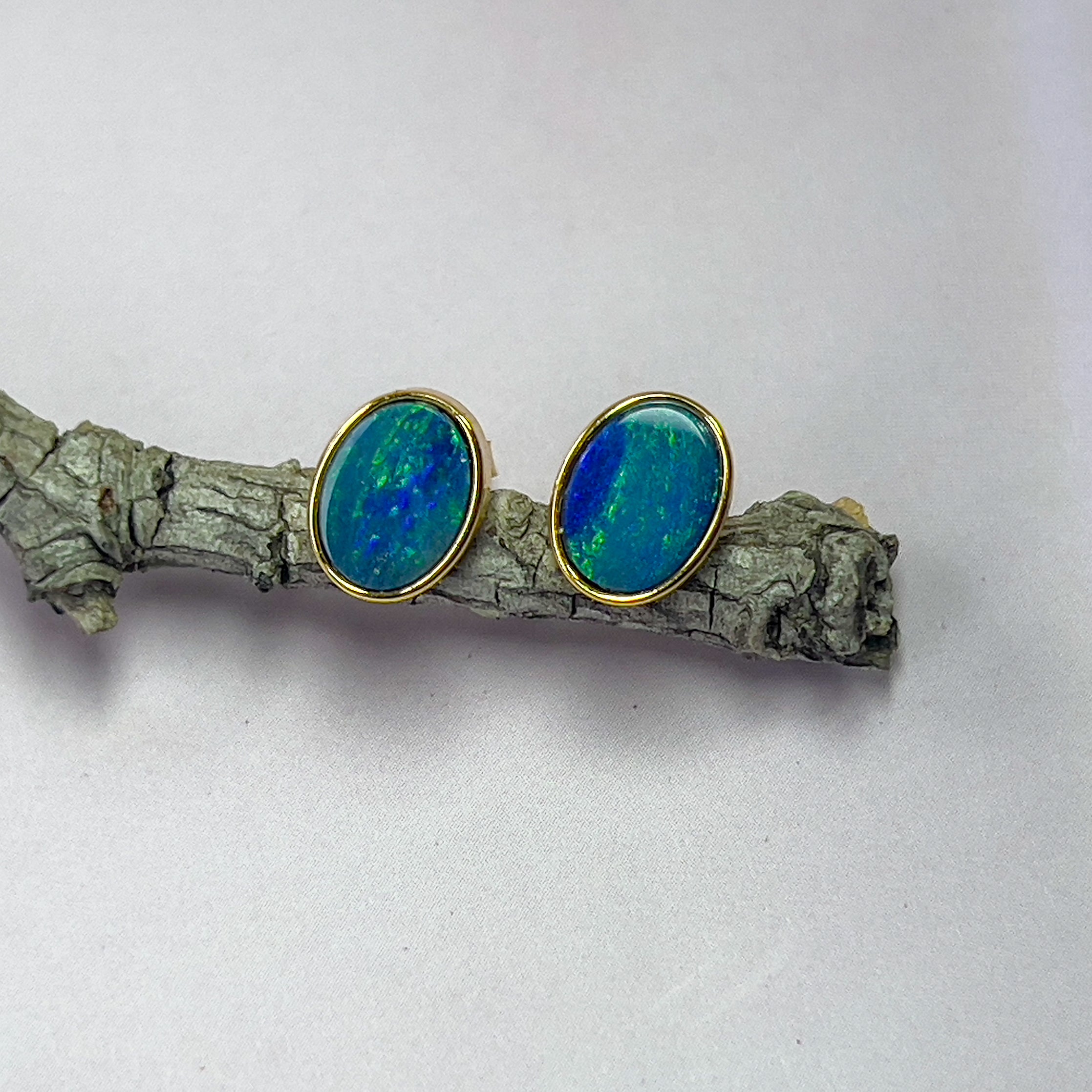 Sterling Silver Gold Plated Opal doublet 8x6mm bezel set style earrings - Masterpiece Jewellery Opal & Gems Sydney Australia | Online Shop