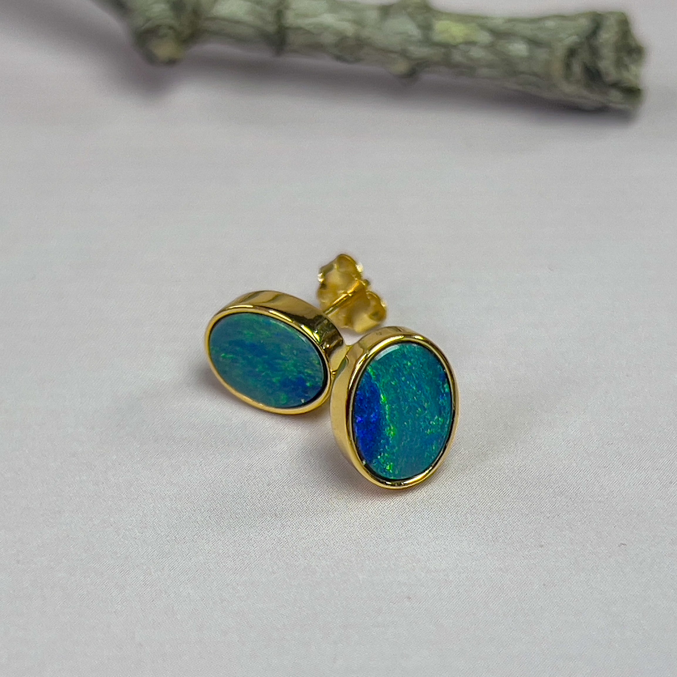 Sterling Silver Gold Plated Opal doublet 8x6mm bezel set style earrings - Masterpiece Jewellery Opal & Gems Sydney Australia | Online Shop