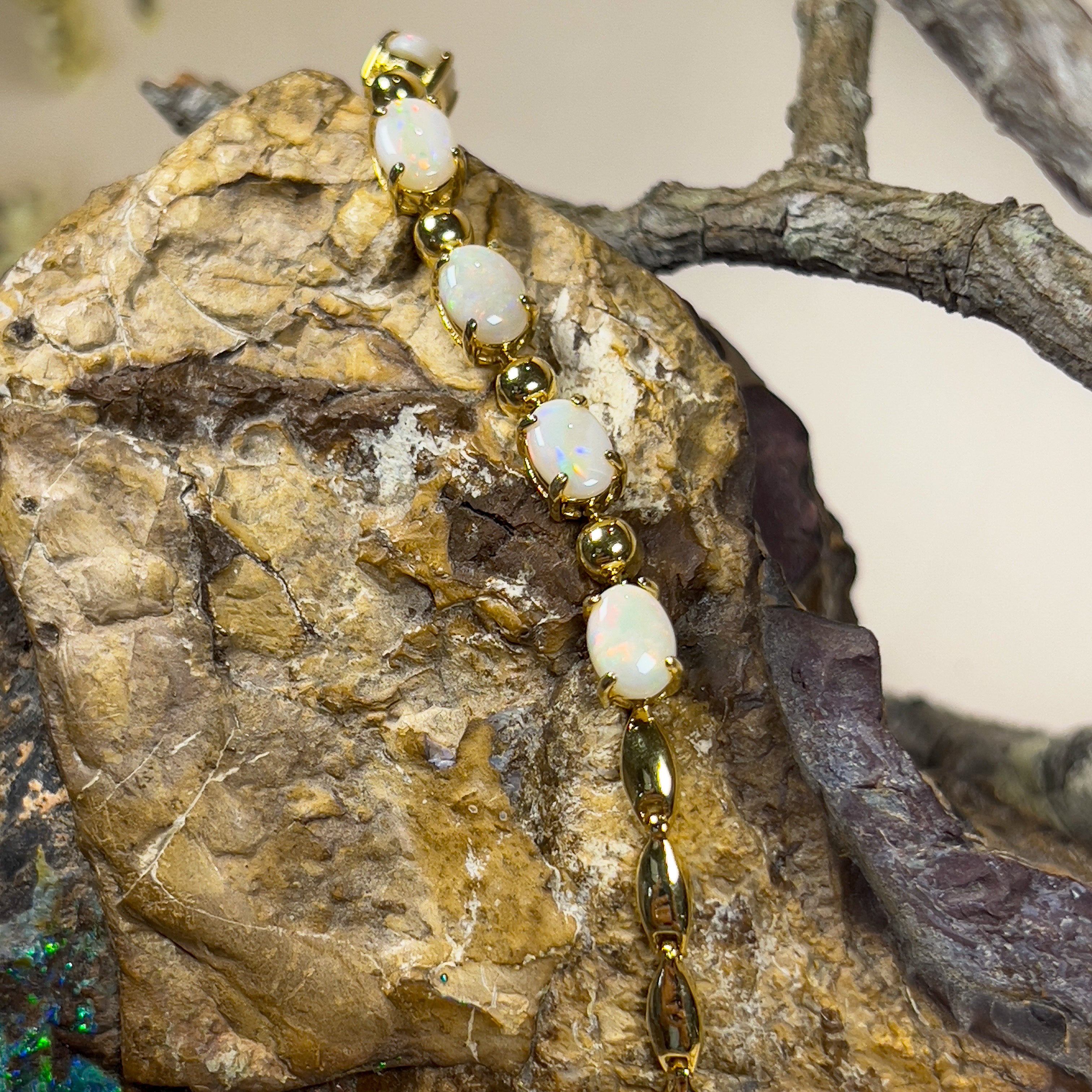 Gold plated Sterling Silver 7x5mm White Opal and ball alternating bracelet - Masterpiece Jewellery Opal & Gems Sydney Australia | Online Shop