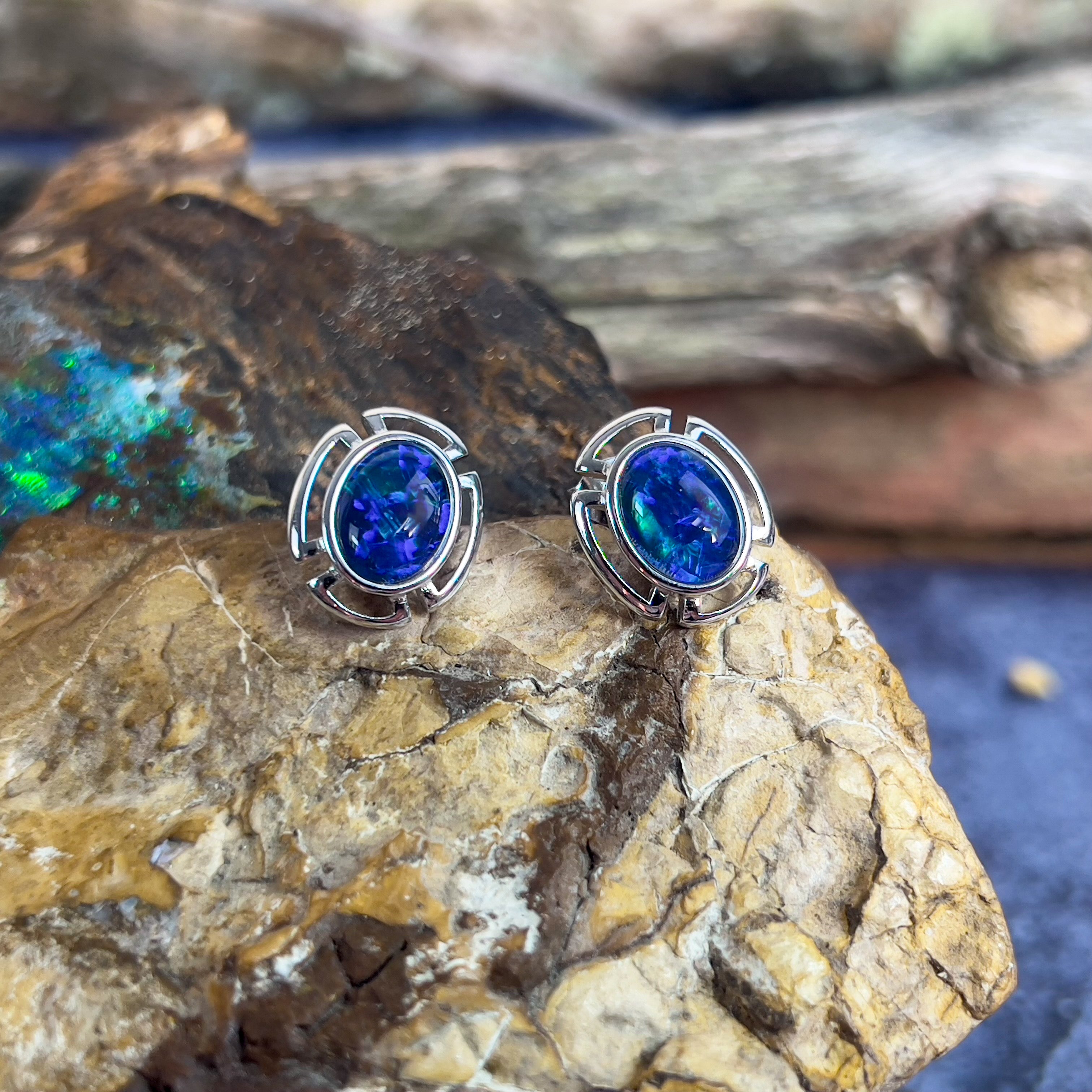 Sterling Silver Opal triplet cut out design studs - Masterpiece Jewellery Opal & Gems Sydney Australia | Online Shop