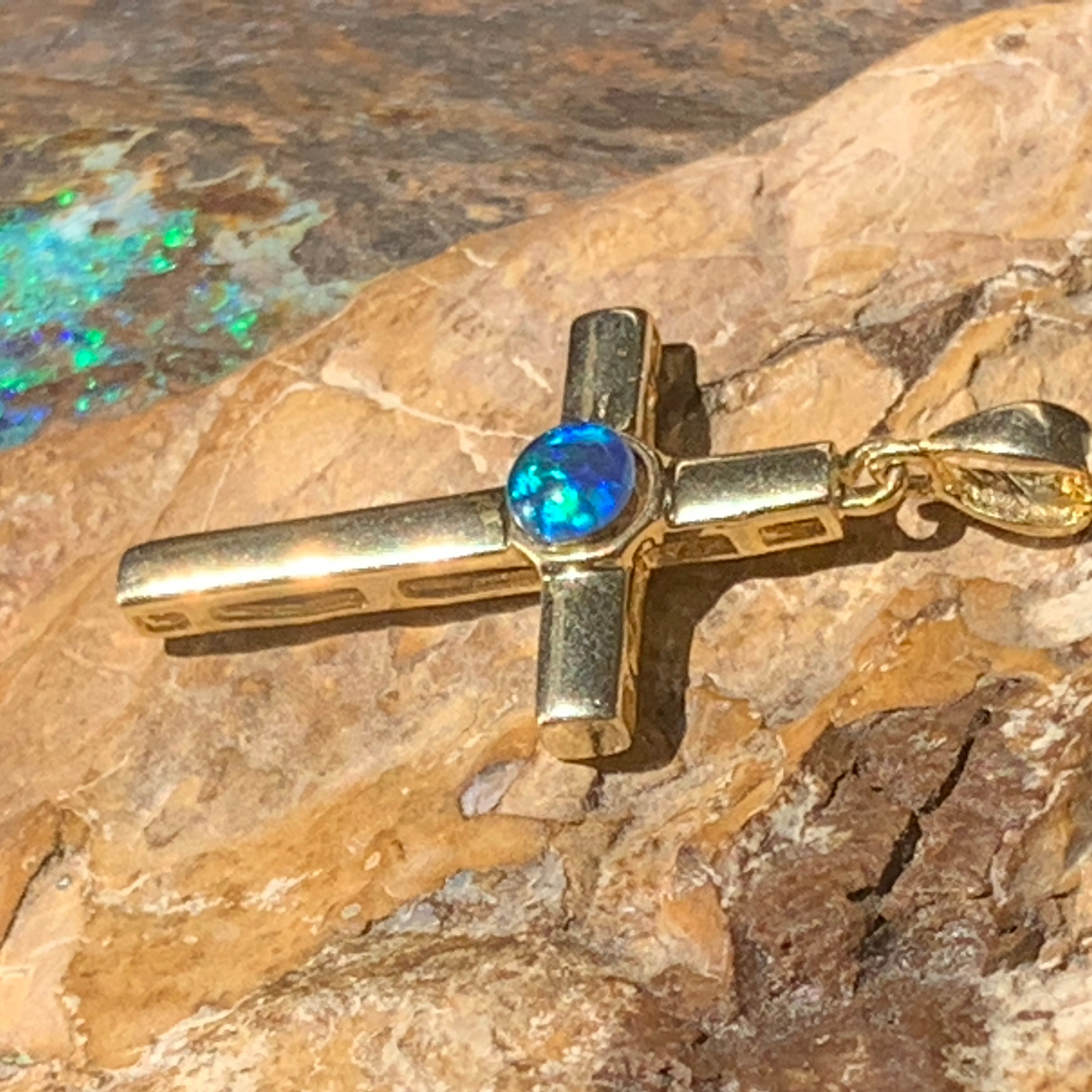 Sterling Silver Gold plated cross with 5mm Opal triplet - Masterpiece Jewellery Opal & Gems Sydney Australia | Online Shop