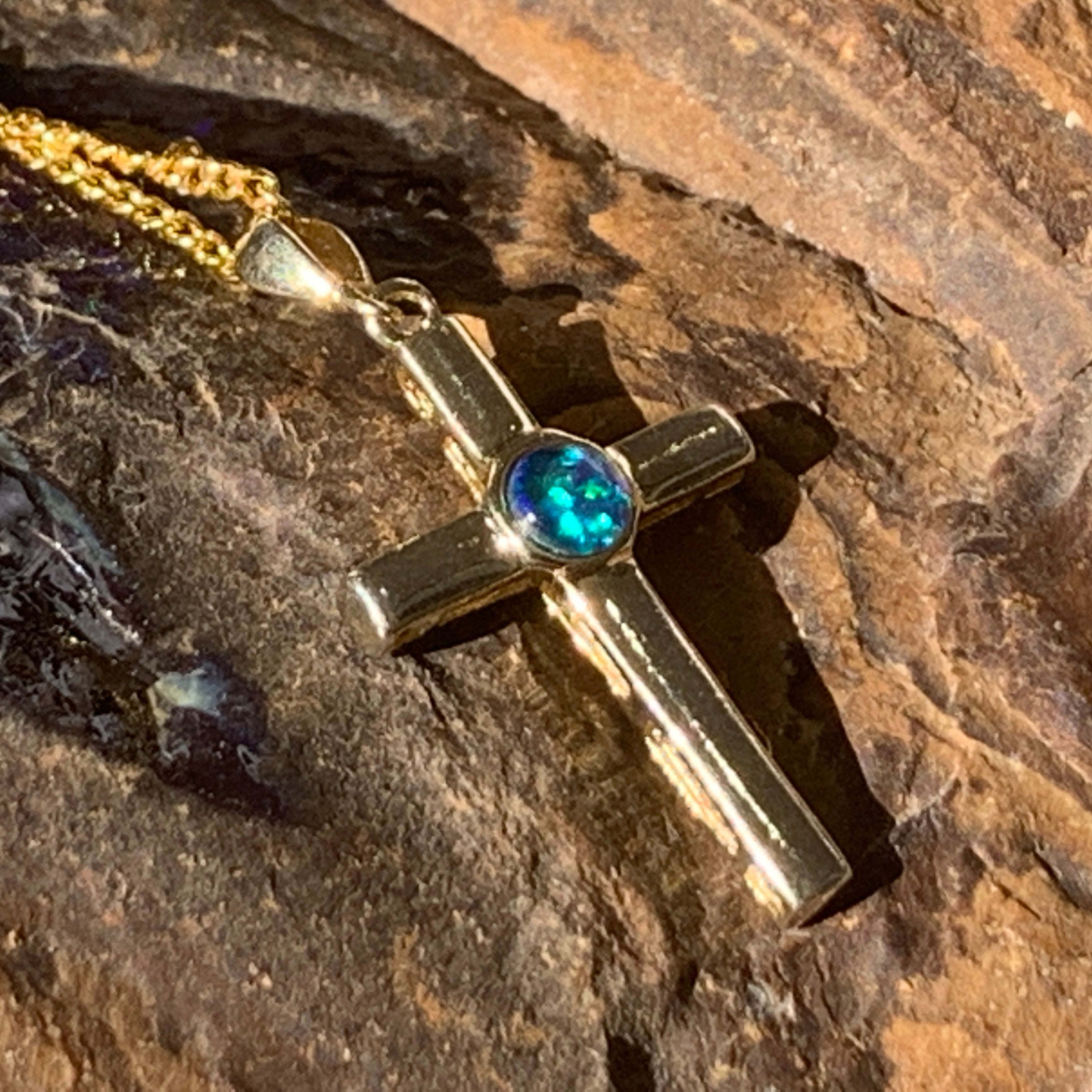 Sterling Silver Gold plated cross with 5mm Opal triplet - Masterpiece Jewellery Opal & Gems Sydney Australia | Online Shop