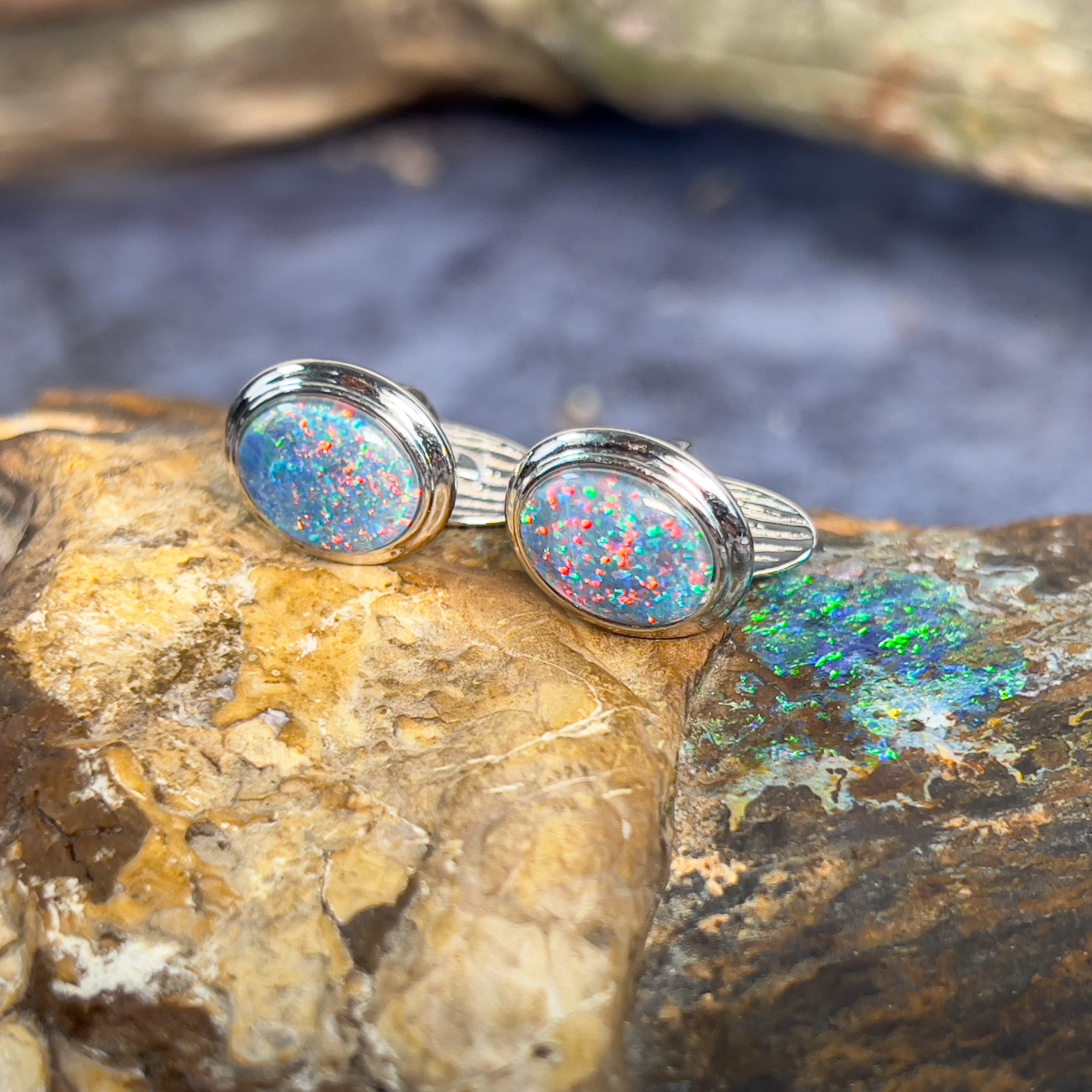Pair of Sterling Silver Opal Triplet cufflinks 12x10mm - Masterpiece Jewellery Opal & Gems Sydney Australia | Online Shop