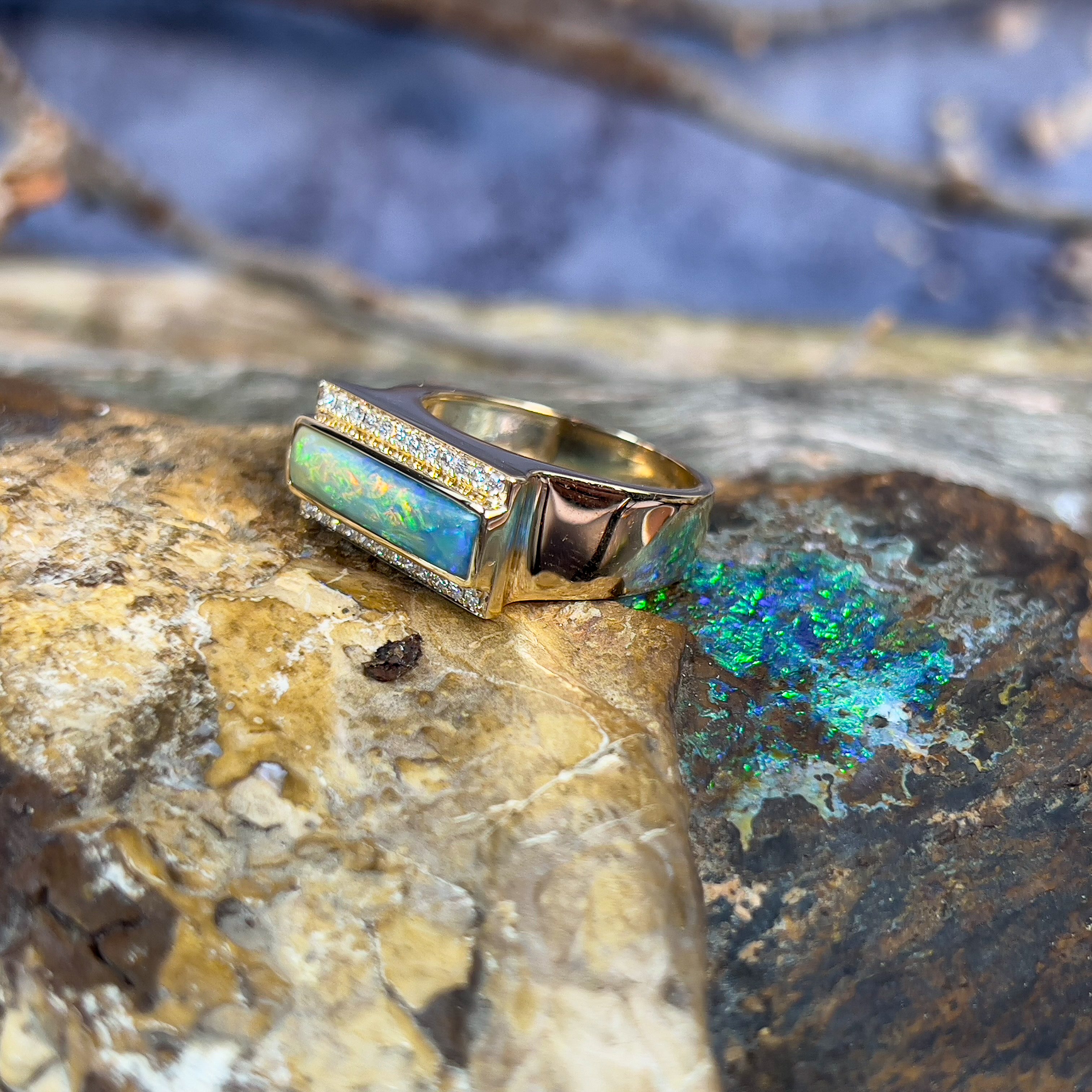 14kt Yellow Gold Boulder oPal 2.13ct and 0.25ct Diamond ring - Masterpiece Jewellery Opal & Gems Sydney Australia | Online Shop