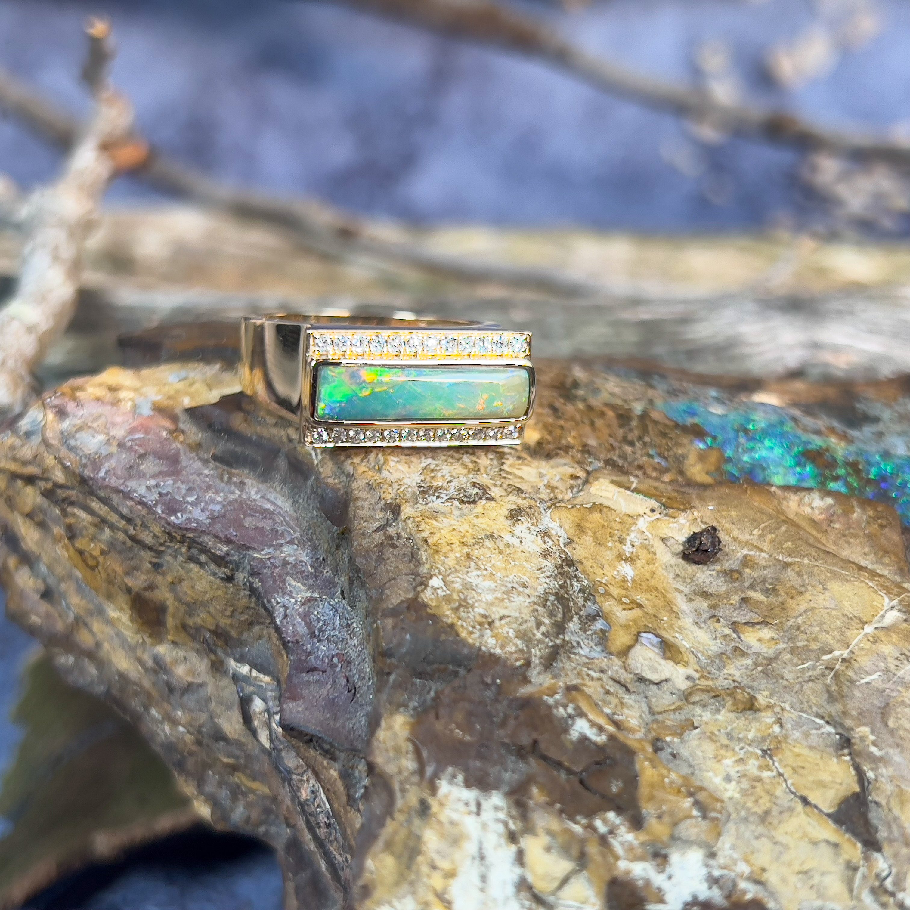 14kt Yellow Gold Boulder oPal 2.13ct and 0.25ct Diamond ring - Masterpiece Jewellery Opal & Gems Sydney Australia | Online Shop