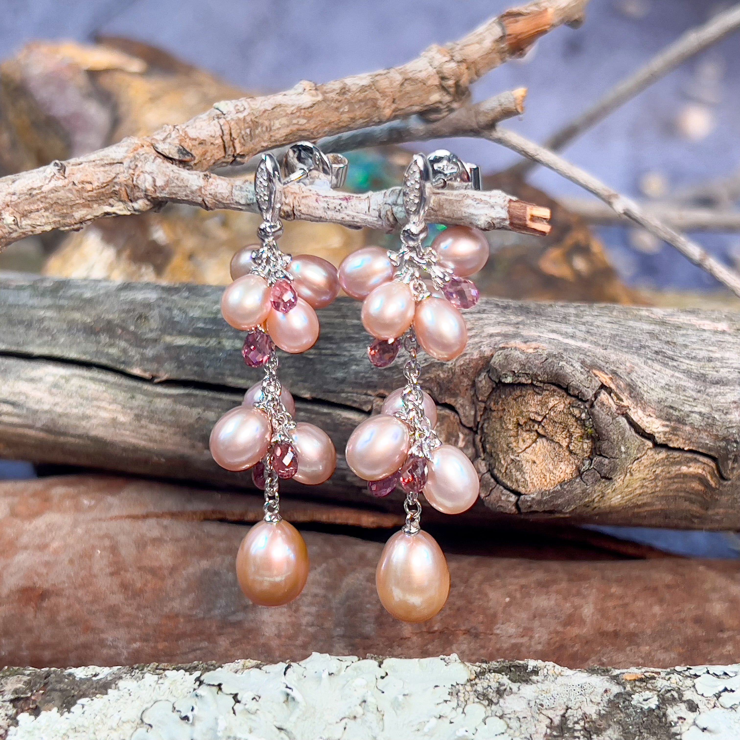 18kt White Gold Pearl, Diamond, Pink Sapphire dangling earrings - Masterpiece Jewellery Opal & Gems Sydney Australia | Online Shop