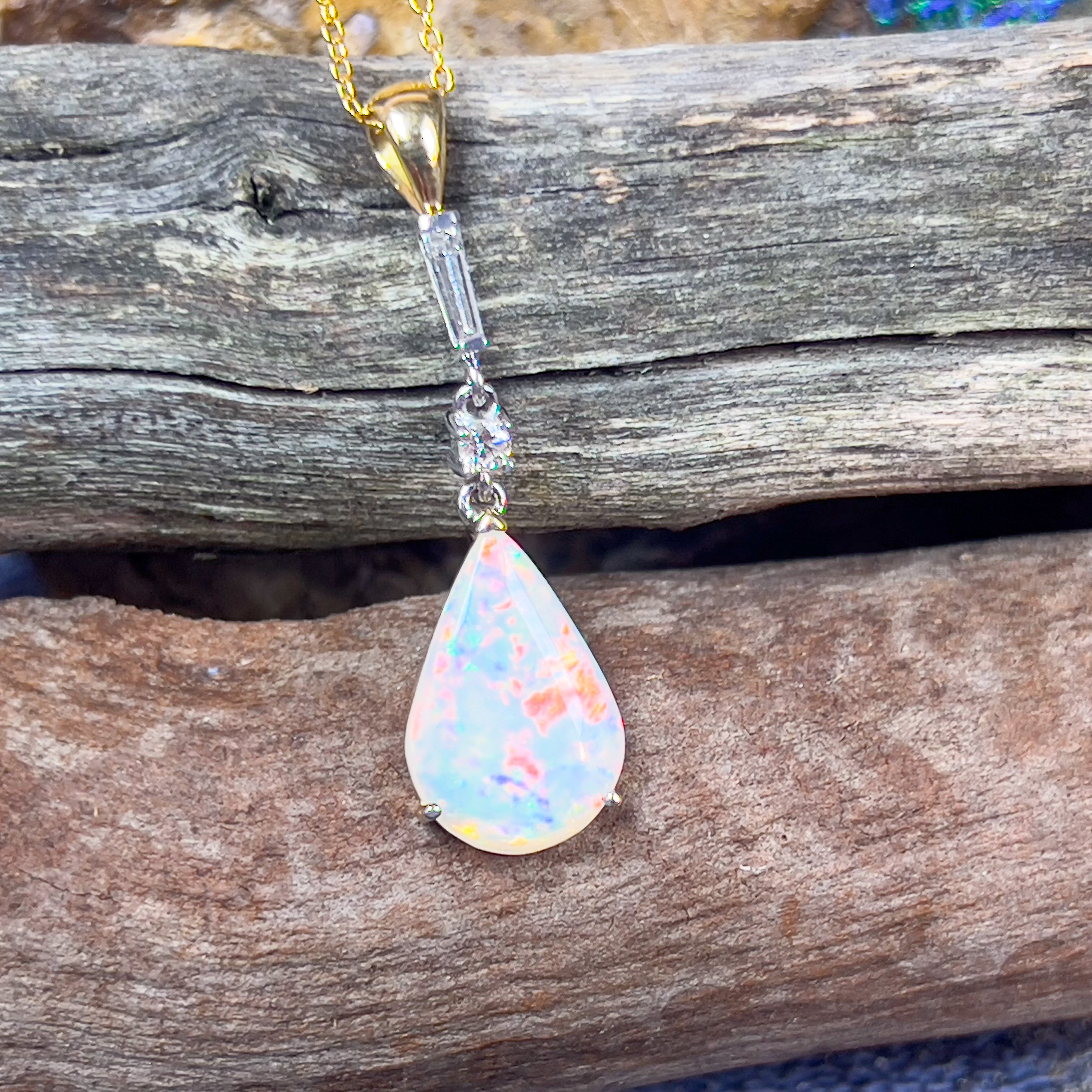 18kt Yellow and White Gold White Fire Opal pearshape 3.1ct and Diamond pendant dangling - Masterpiece Jewellery Opal & Gems Sydney Australia | Online Shop