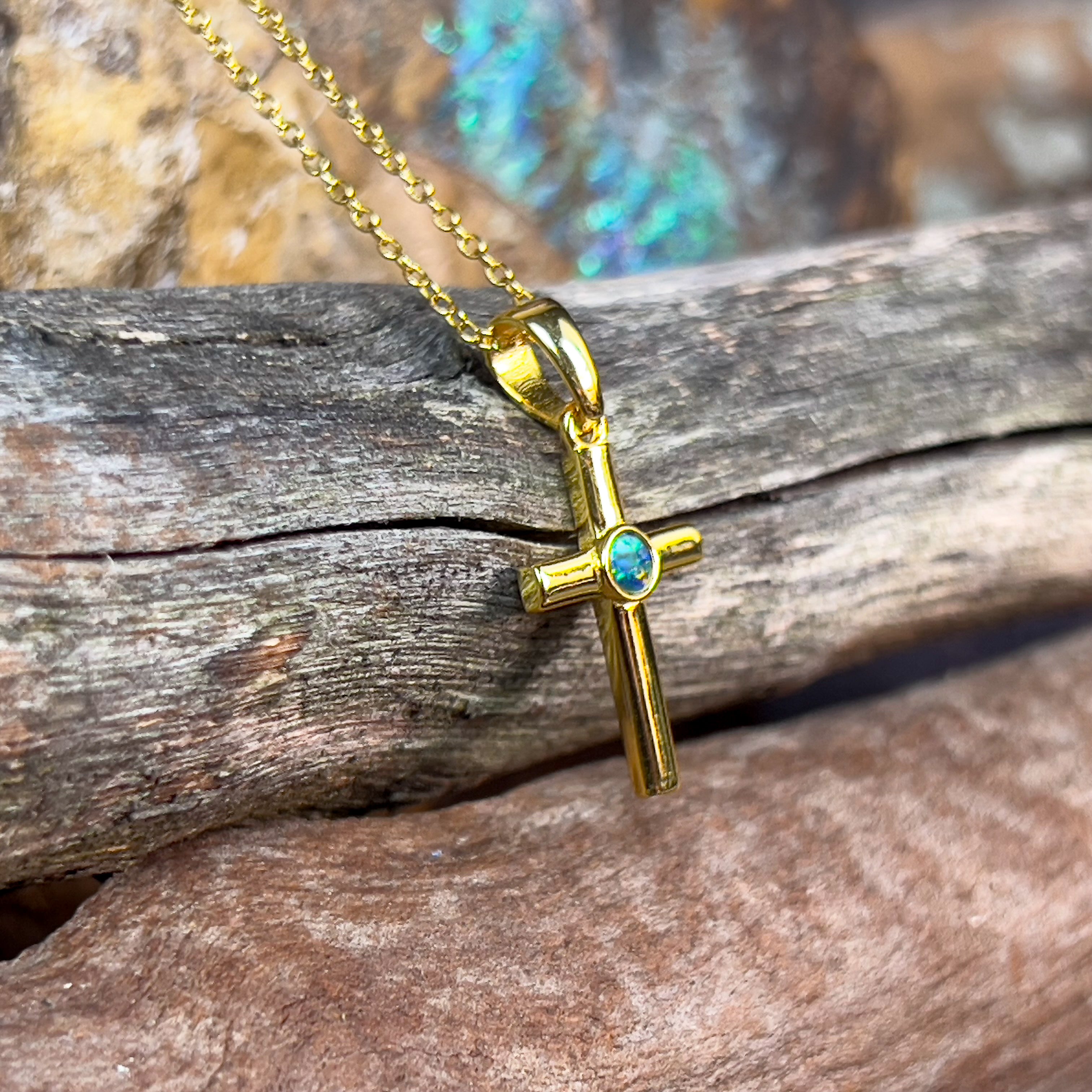 Small Silver Gold plated cross pendant with round 3mm Opal - Masterpiece Jewellery Opal & Gems Sydney Australia | Online Shop