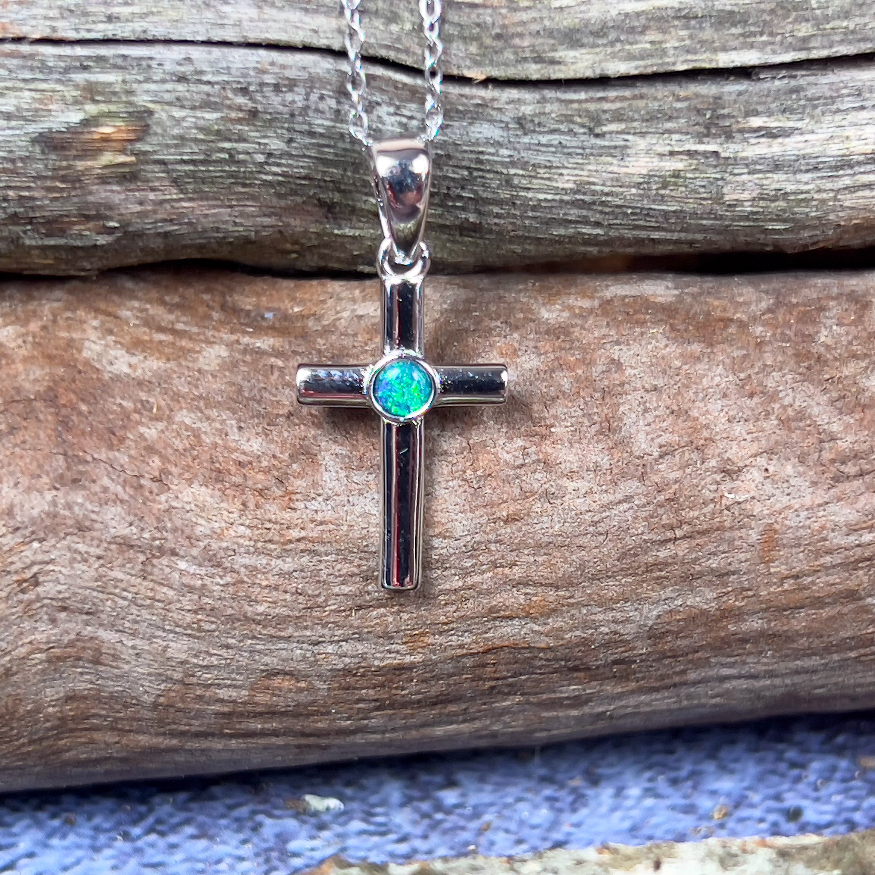 Sterling Silver small cross with 3mm round Opal triplet - Masterpiece Jewellery Opal & Gems Sydney Australia | Online Shop