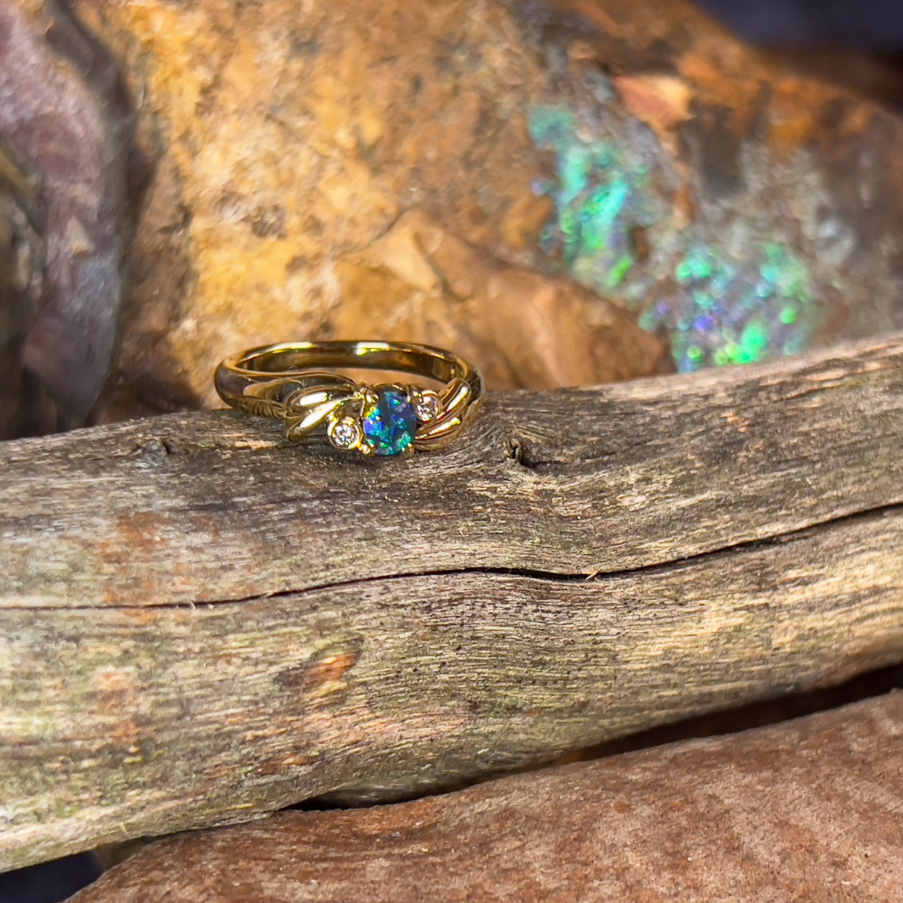 18kt Yellow Gold Black Opal 0.15 and Diamond ring - Masterpiece Jewellery Opal & Gems Sydney Australia | Online Shop