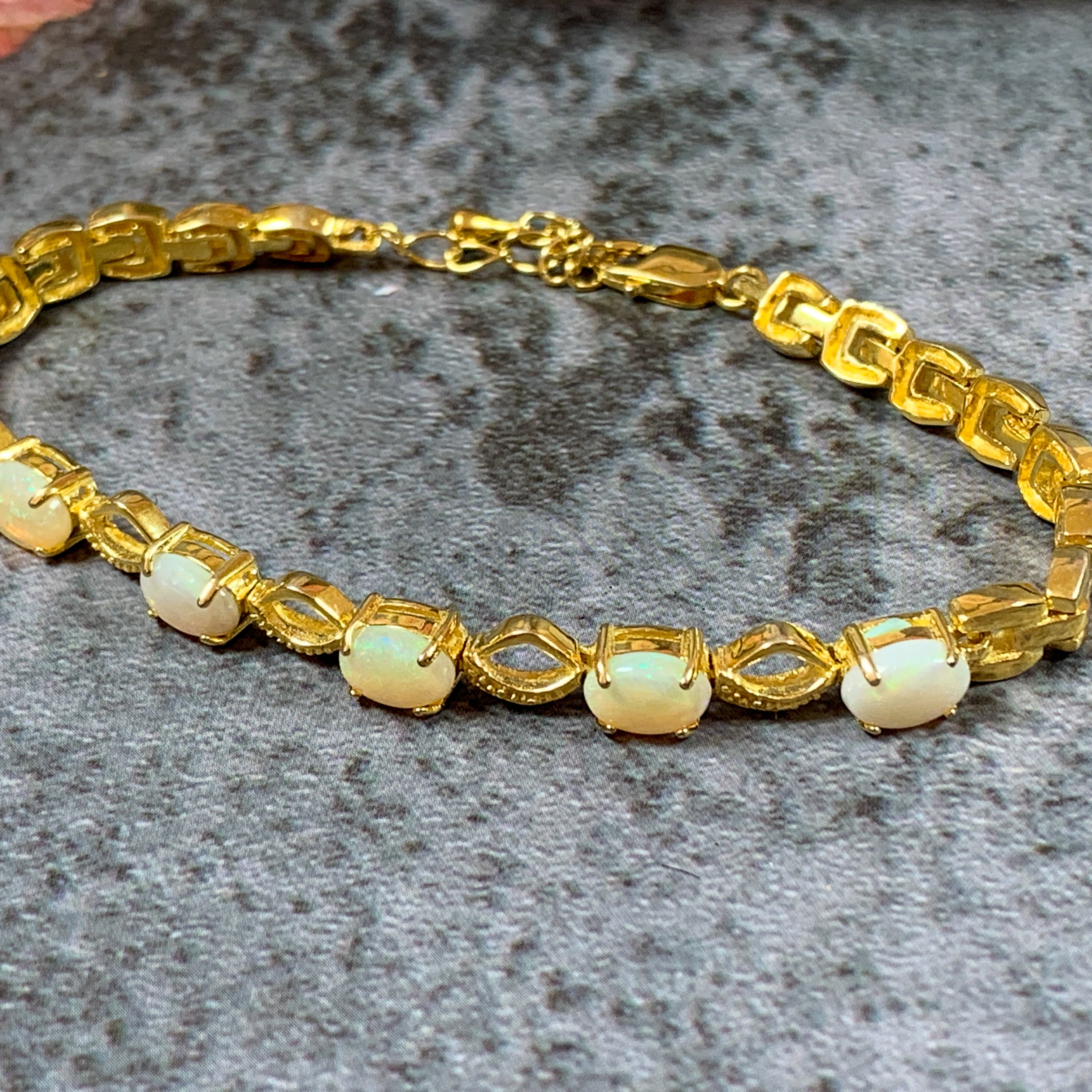 Gold Plated Sterling Silver patterned bracelet with 7x5mm White Opals - Masterpiece Jewellery Opal & Gems Sydney Australia | Online Shop