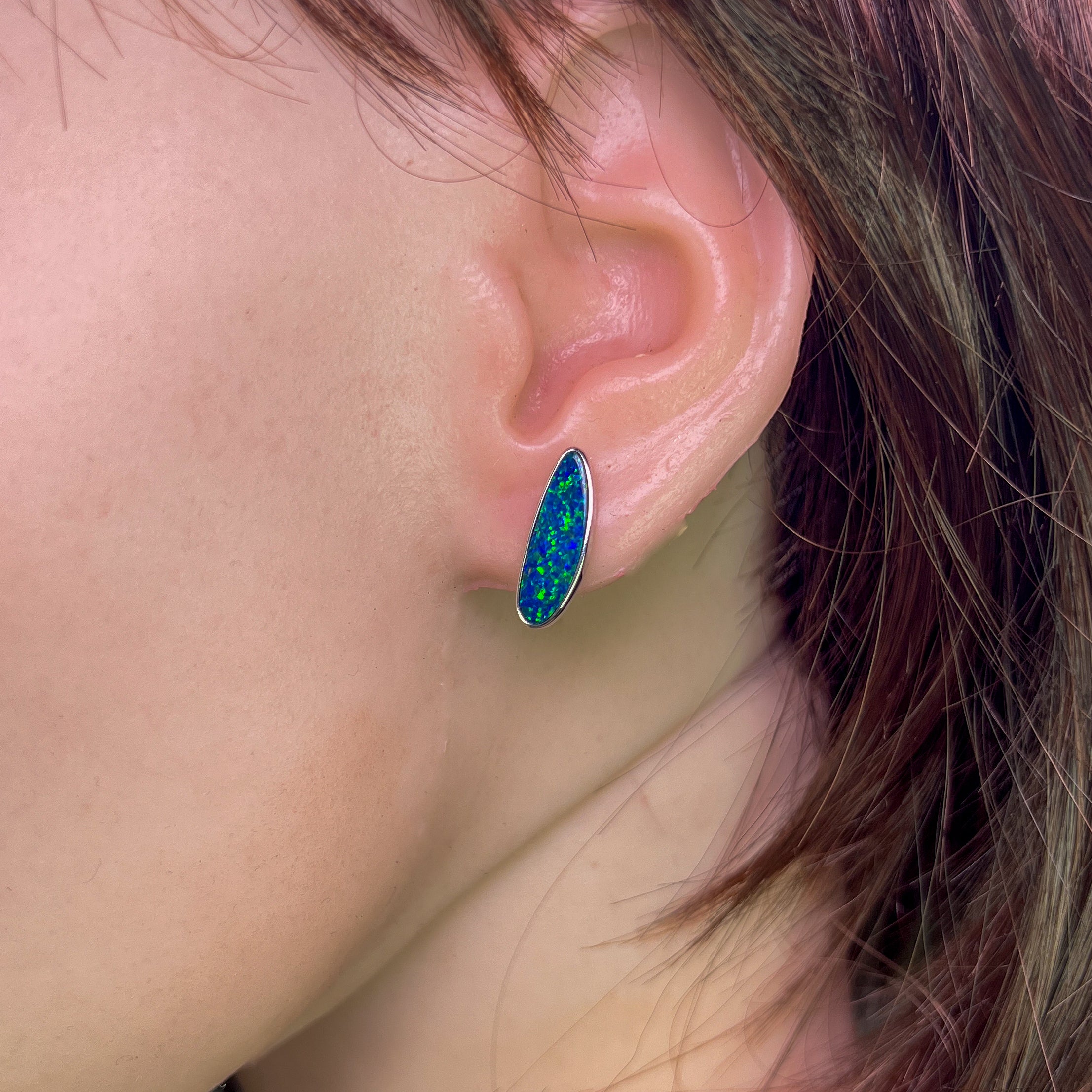 Sterling Silver freeform Blue Green Opal doublets long studs