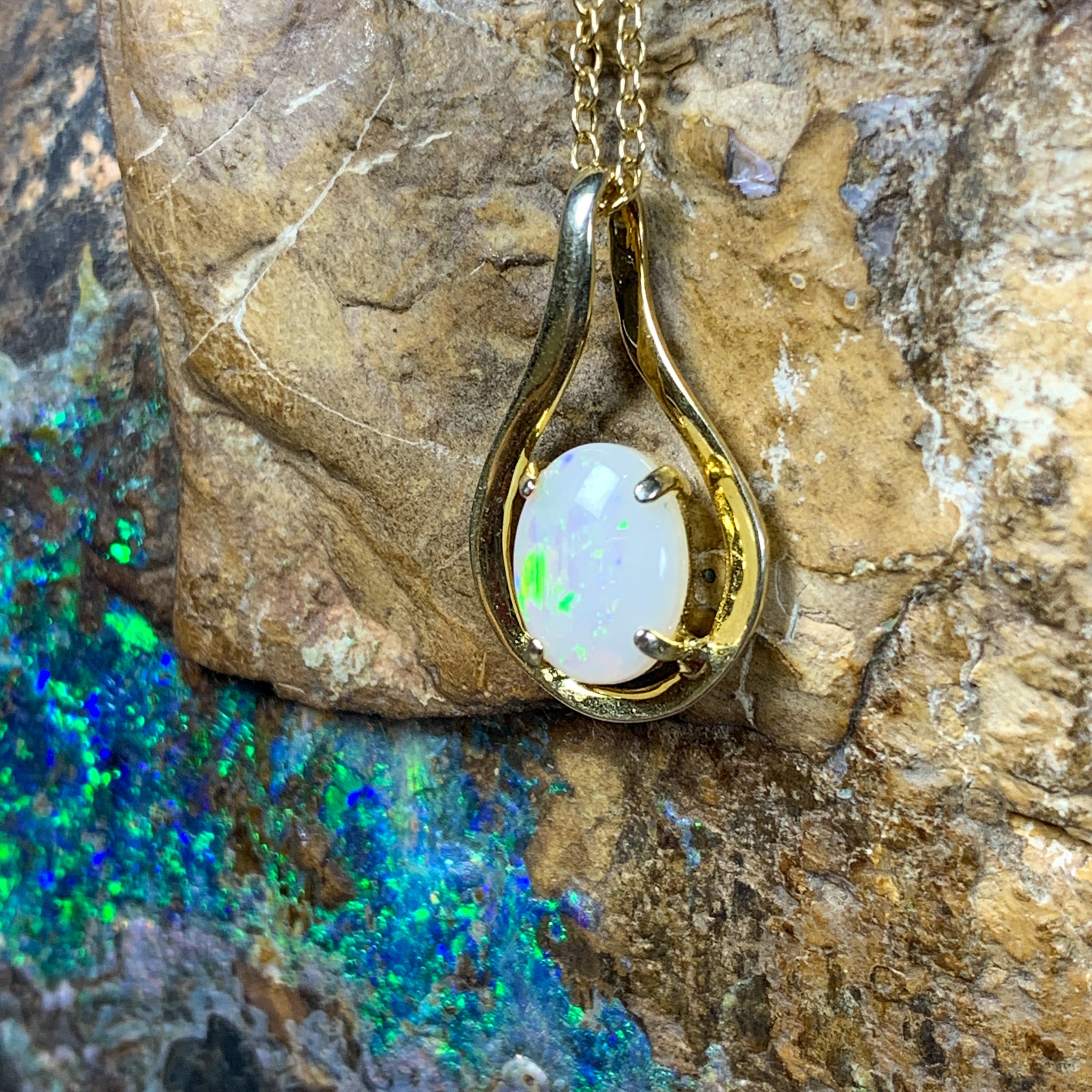 Gold Plated 8x6mm White Opal teardrop loop design pendant - Masterpiece Jewellery Opal & Gems Sydney Australia | Online Shop
