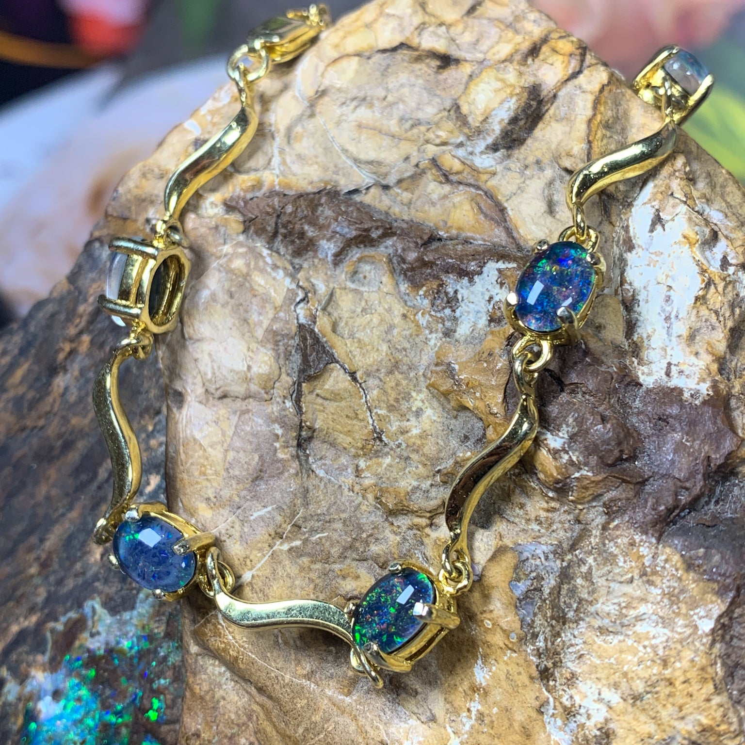 Silver Wave Opal Bracelet - Blue & Black 7x5mm Triplet - Sterling Silver for Women - Ladies Bracelet - Jewelry - Masterpiece Jewellery Opal & Gems Sydney Australia | Online Shop
