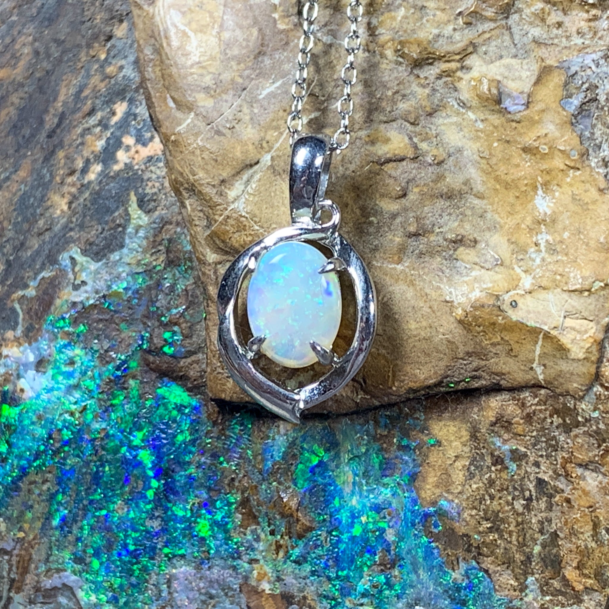 Sterling Silver 8x6mm White Opal Swirl loop design pendant - Masterpiece Jewellery Opal & Gems Sydney Australia | Online Shop