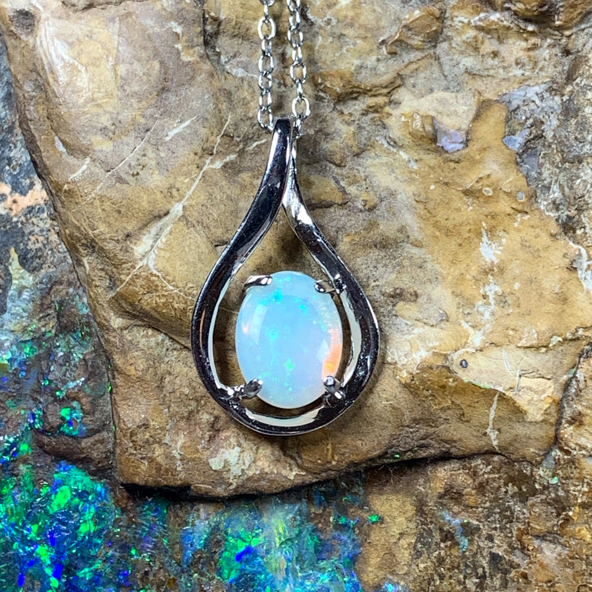 Sterling Silver 8x6mm White Opal Tear drop design pendant - Masterpiece Jewellery Opal & Gems Sydney Australia | Online Shop