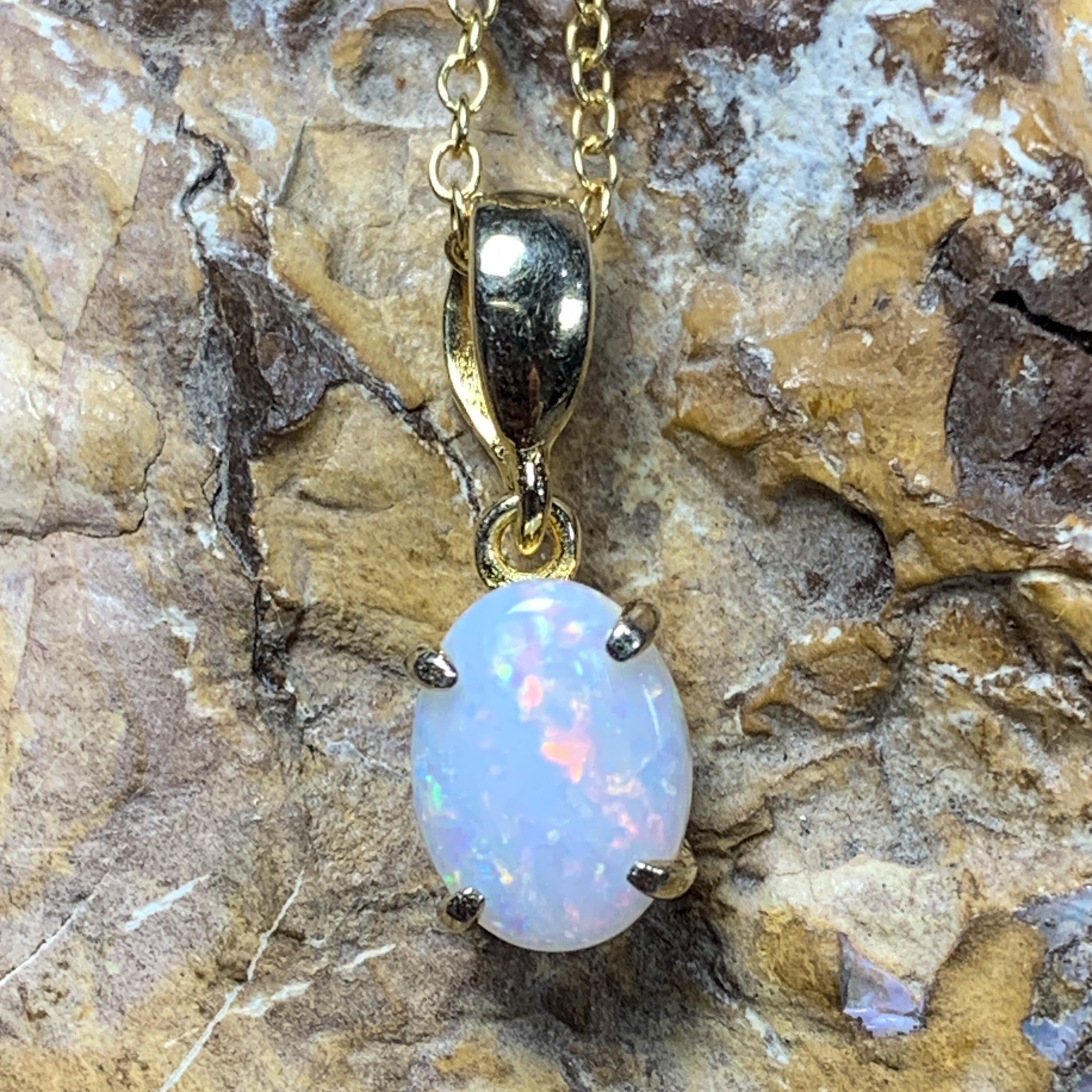 Gold Plated Sterling Silver 8x6mm White Opal pendant Necklace l solitaire style - Masterpiece Jewellery Opal & Gems Sydney Australia | Online Shop