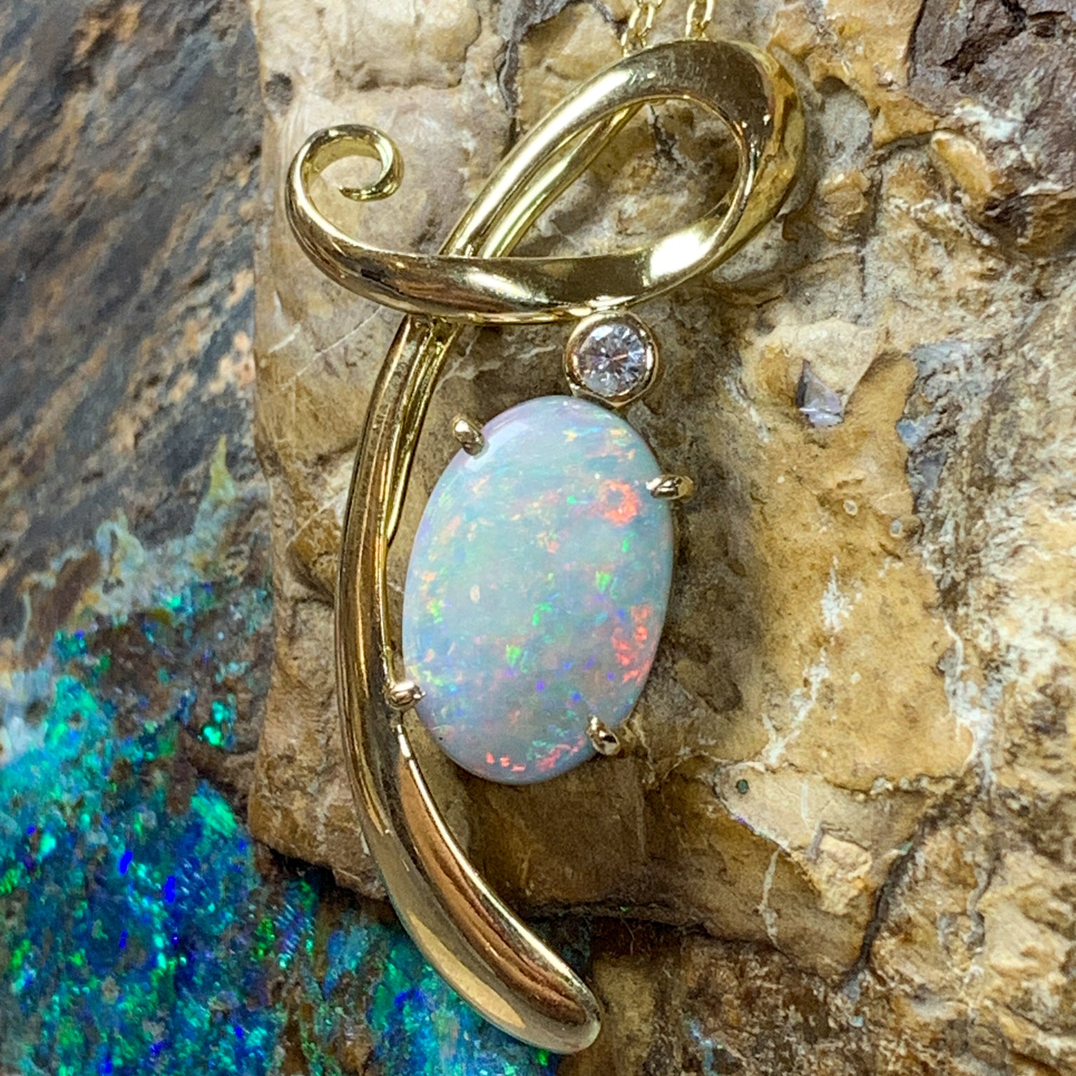 18kt Yellow Gold Black Opal Necklace with Opal 4.7ct and 0.1ct Diamond pendant - Masterpiece Jewellery Opal & Gems Sydney Australia | Online Shop