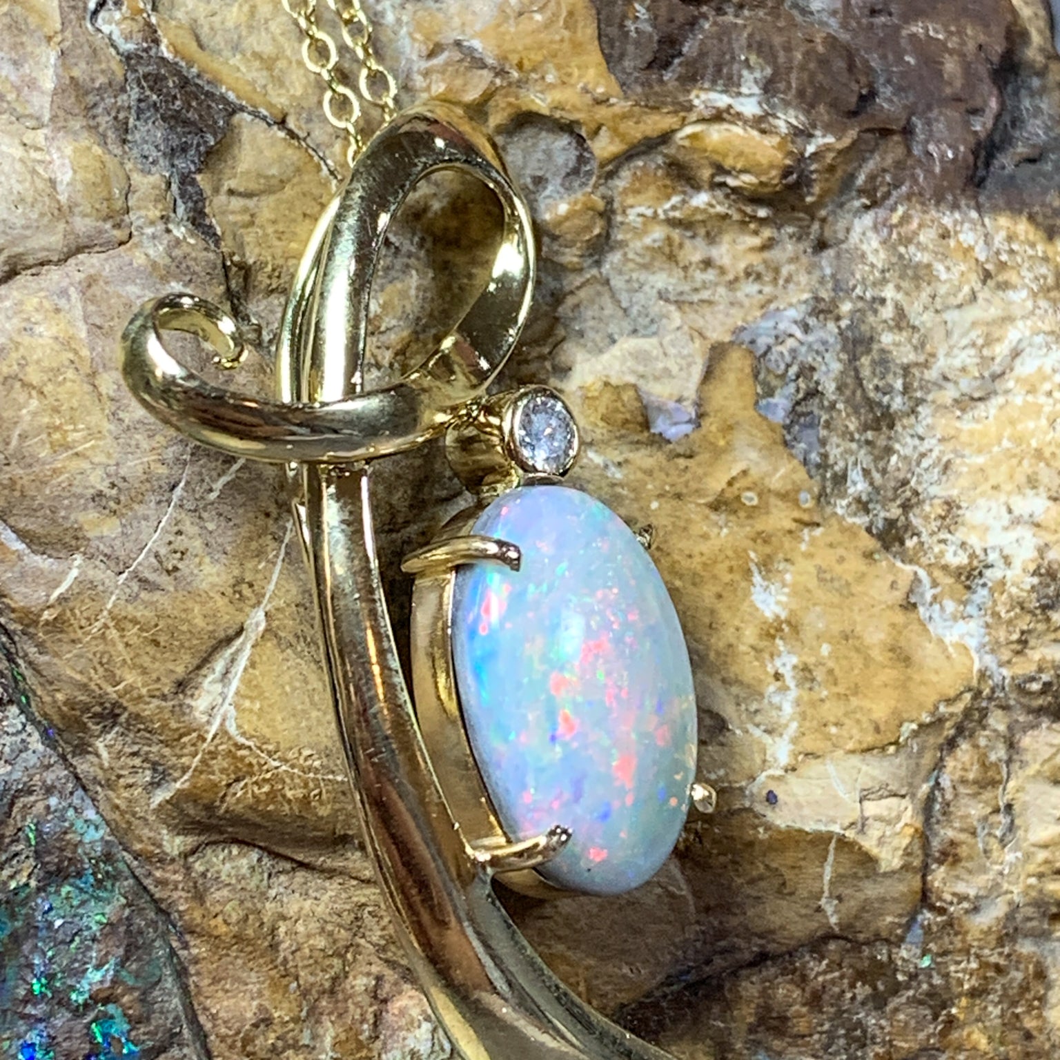 18kt Yellow Gold Black Opal Necklace with Opal 4.7ct and 0.1ct Diamond pendant - Masterpiece Jewellery Opal & Gems Sydney Australia | Online Shop