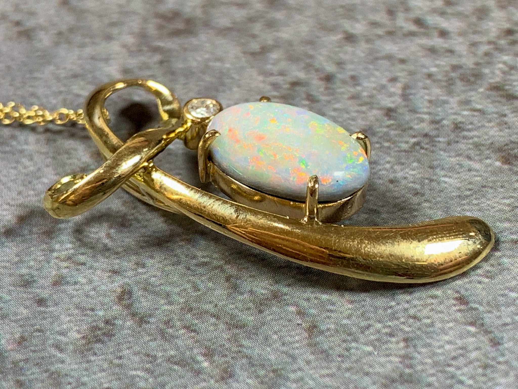 18kt Yellow Gold Black Opal Necklace with Opal 4.7ct and 0.1ct Diamond pendant - Masterpiece Jewellery Opal & Gems Sydney Australia | Online Shop