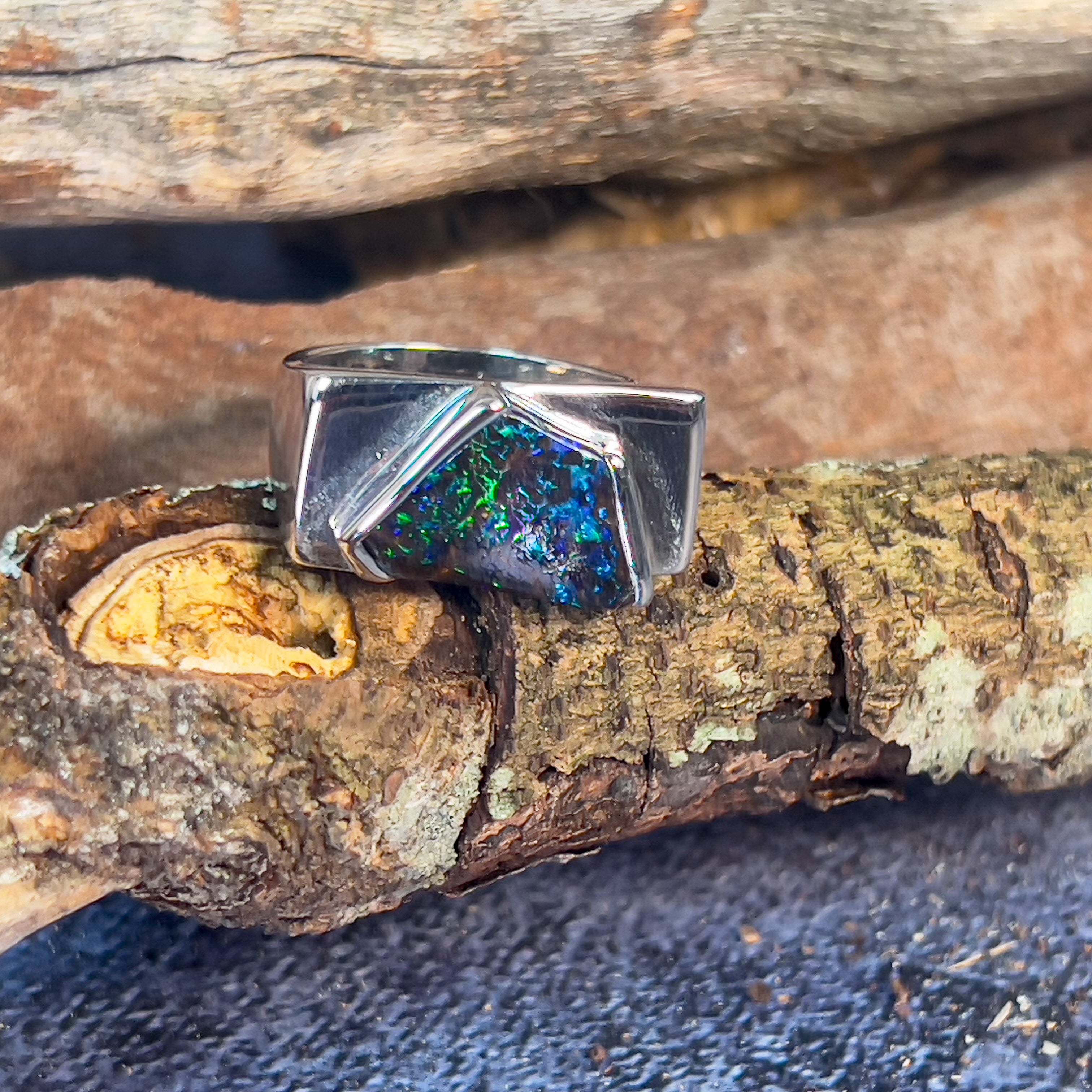 Sterling Silver Kite cut Boulder Opal ring mens - Masterpiece Jewellery Opal & Gems Sydney Australia | Online Shop